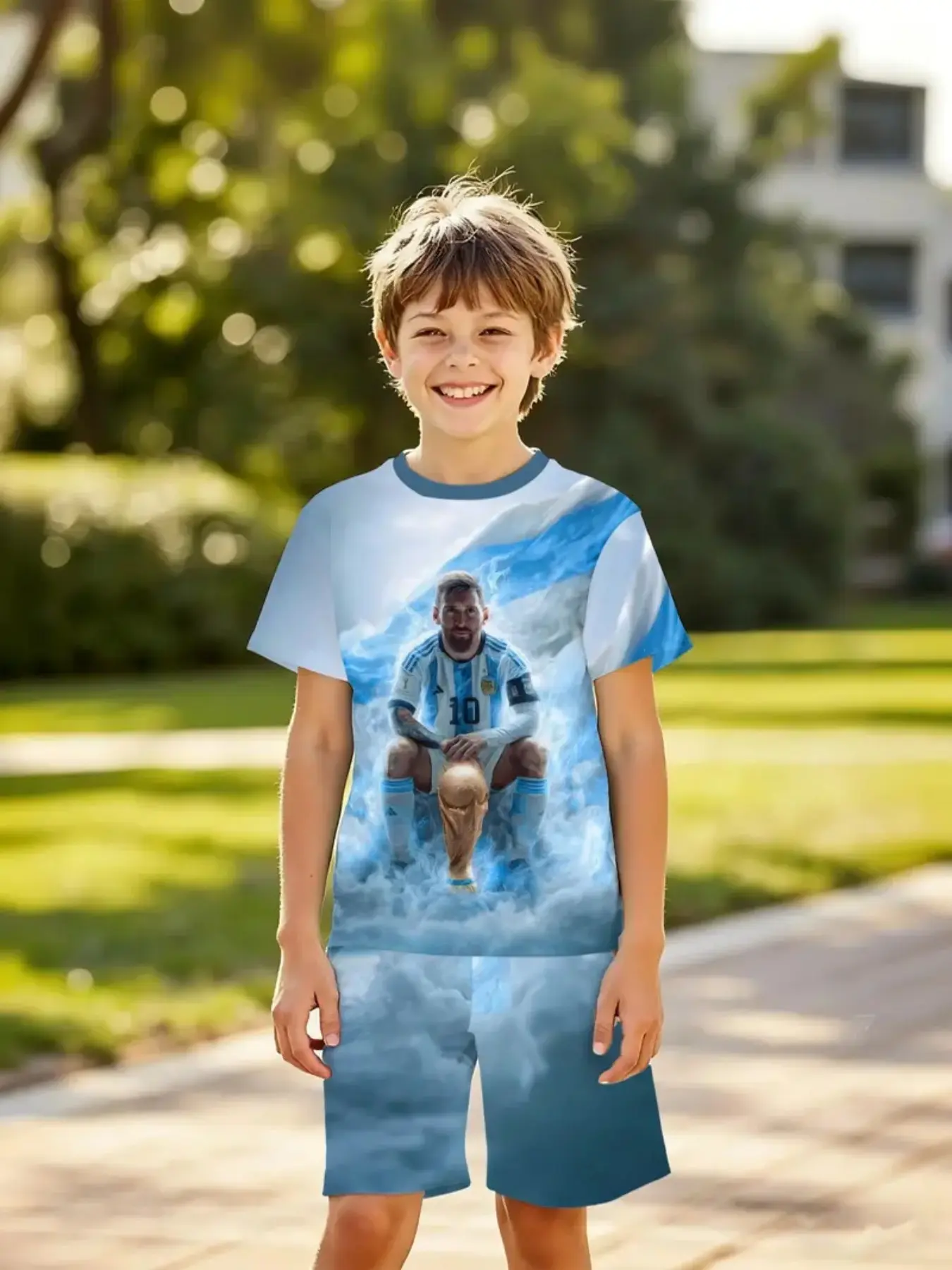 Sigma 3D Series Boys' Blue Soccer Player Set, Short Sleeve and Shorts Two-Piece, Casual Outdoor Sports Wear, Birthday Gift, Festival Gift