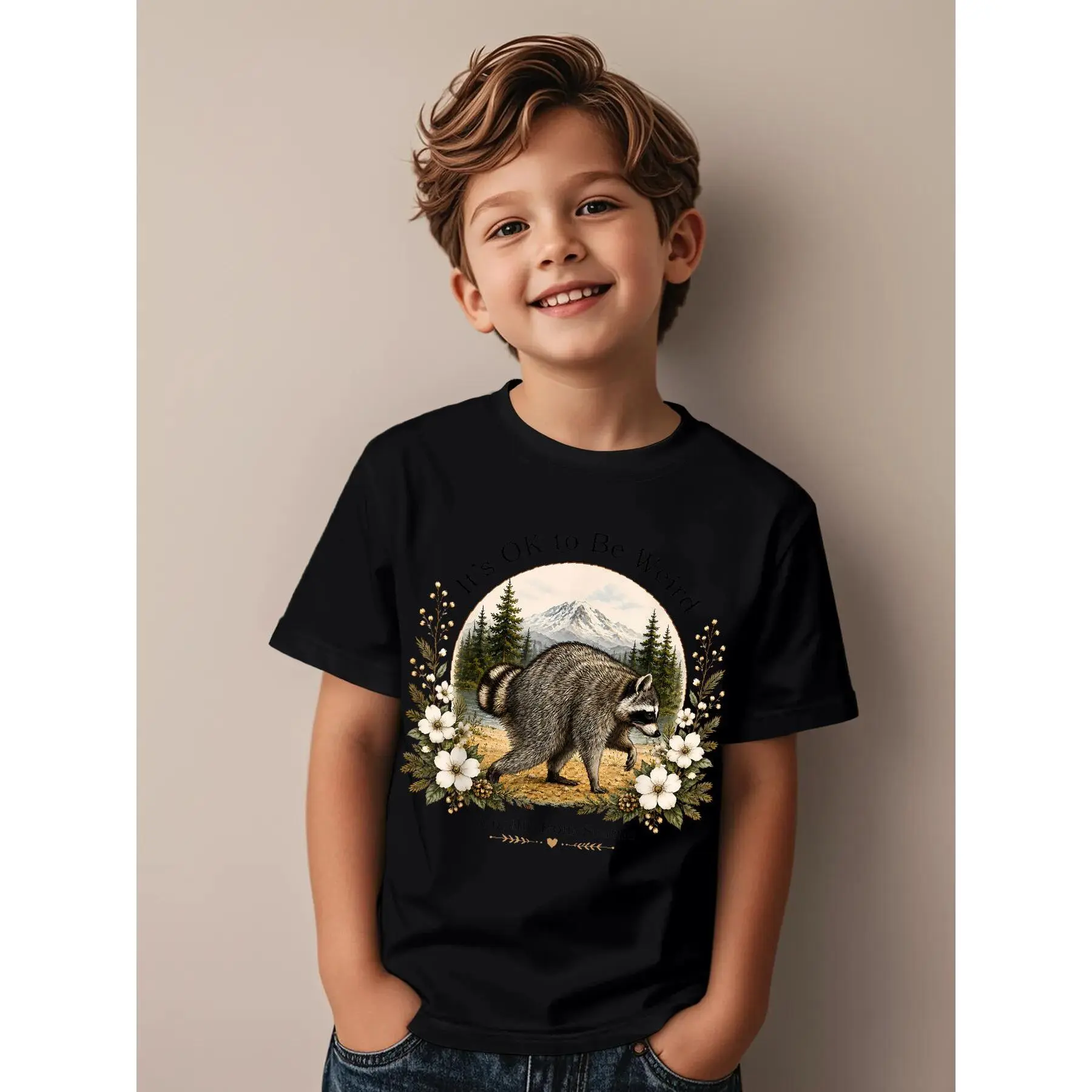 Soft Breathable Cottagecore OK to Be Weird Jimothy Raccoon from Seattle T-Shirt for Kids | Boys & Girls Graphic Tee - Birthday Party Outfit or Everyday Play Clothes