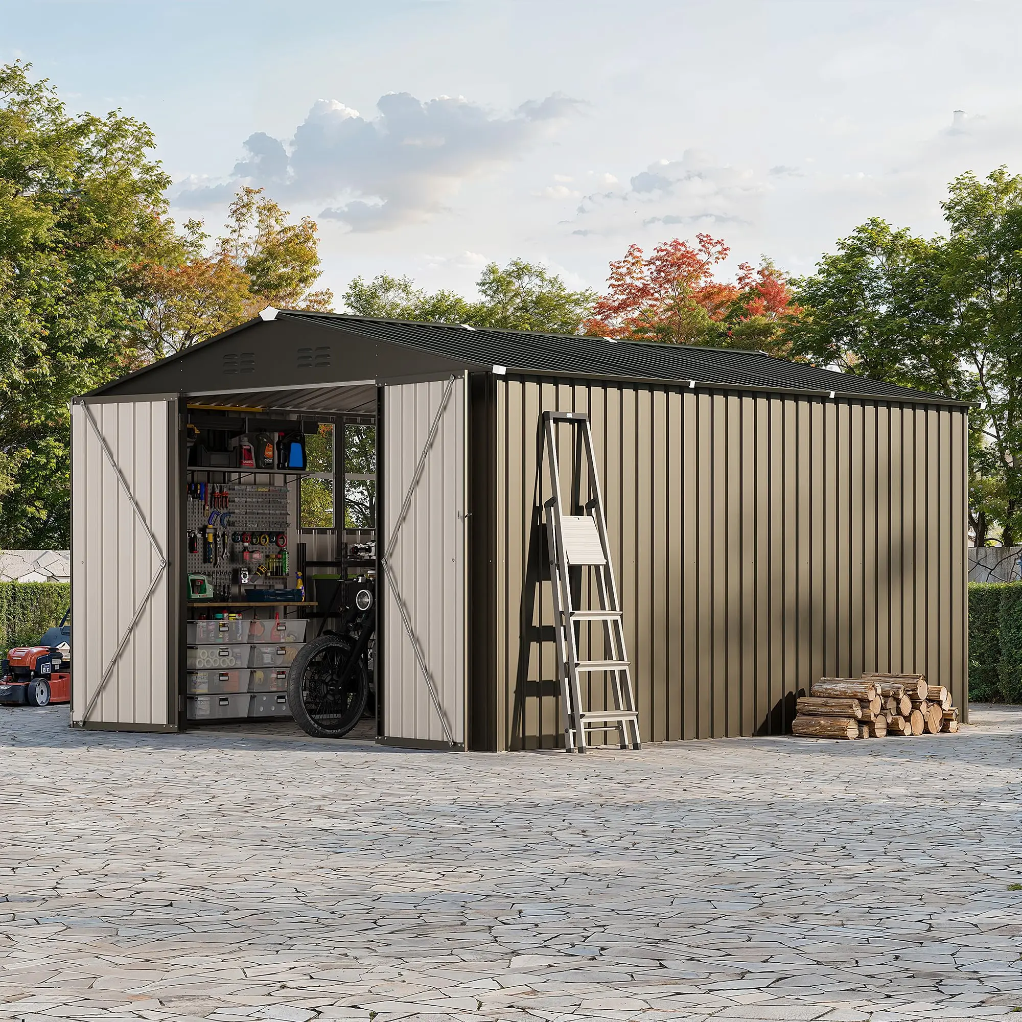10x12 FT Metal Storage Shed – Cross Windows, Lockable Door, Peaked Roof – Large All-Weather Garden Shed for Lawn Mower, Bike & Tools
