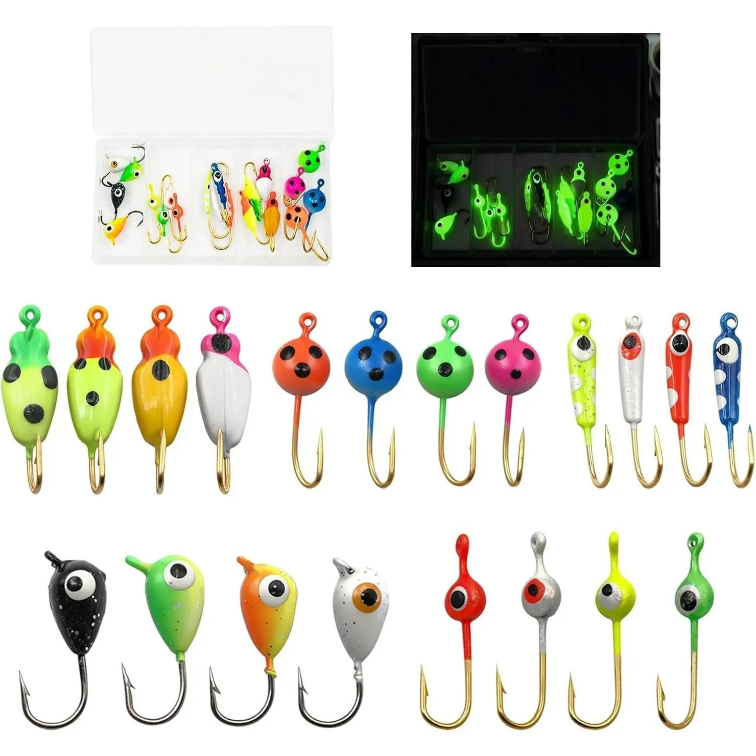 Glow Ice Fishing Jigs | Winter Ice Fishing Lures Set |  Jig  for Pike, Panfish, Crappie, Perch, Walleye, Trout, Bluegill - with Storage Box