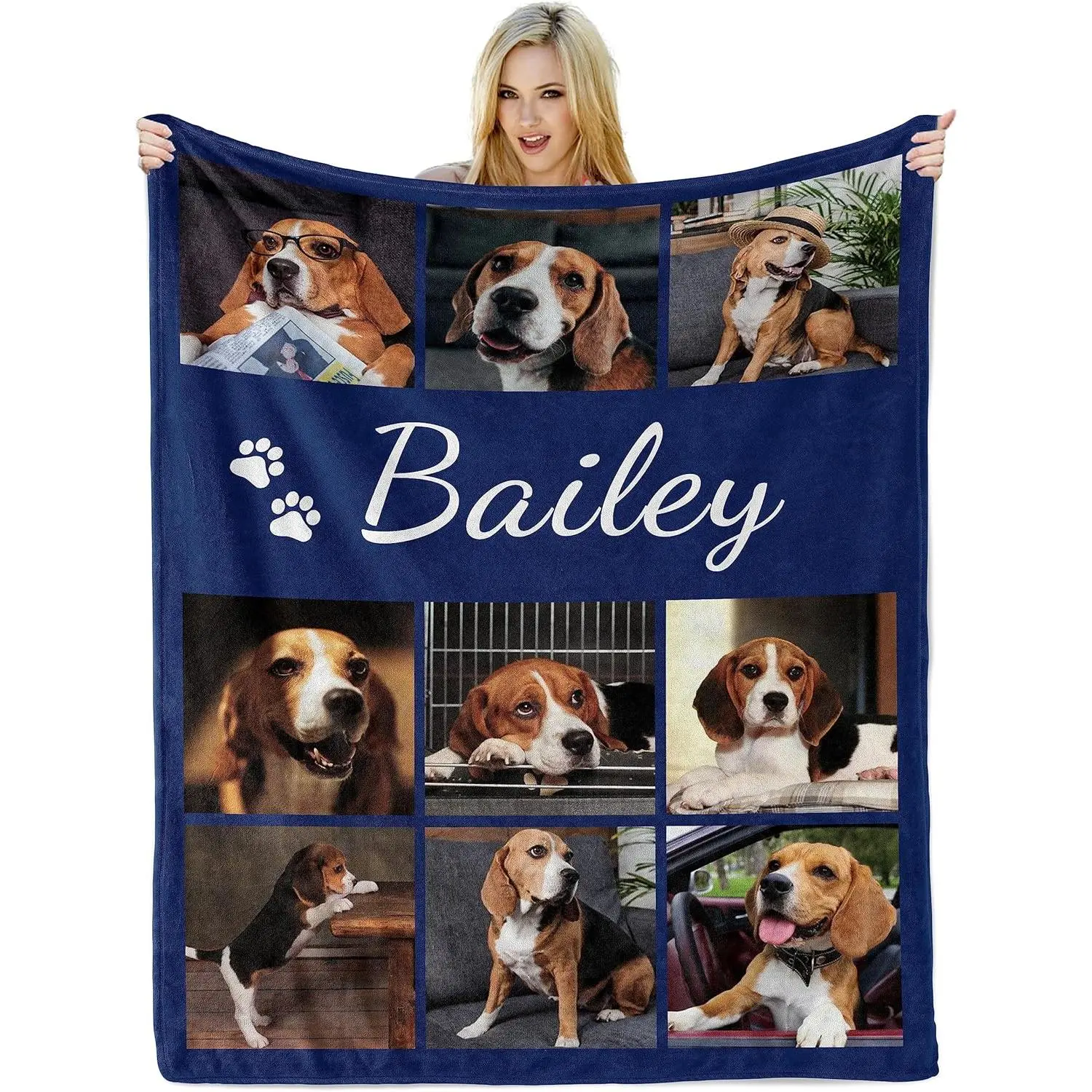 Custom Pet Photo Flannel Throw Blanket, Navy Blue 3x3 Collage Blanket with Paw Print & Personalized Dog Name Design, Soft Cozy Warm Blanket for Dog Lovers, Pet Memorial, Birthday & Custom Gift for Pets