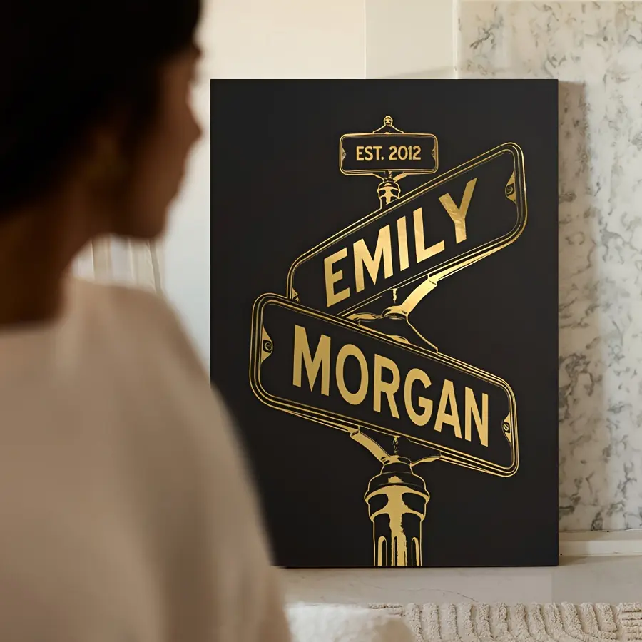Artistic Custom Name Vintage Street Sign 2D Canvas Print - Black Date Wall Decor, Ideal Valentine's Day Gift for Couples, Home & Wardrobe Accent, Custom Names