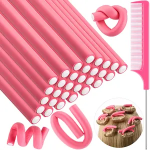 30 Pcs Flexible Curling Rods Twist Foam Hair Rollers Soft Foam No Heat Hair Rods Rollers and 1 Steel Pintail Comb Rat Tail Comb for Women Long Short Hair，Pink