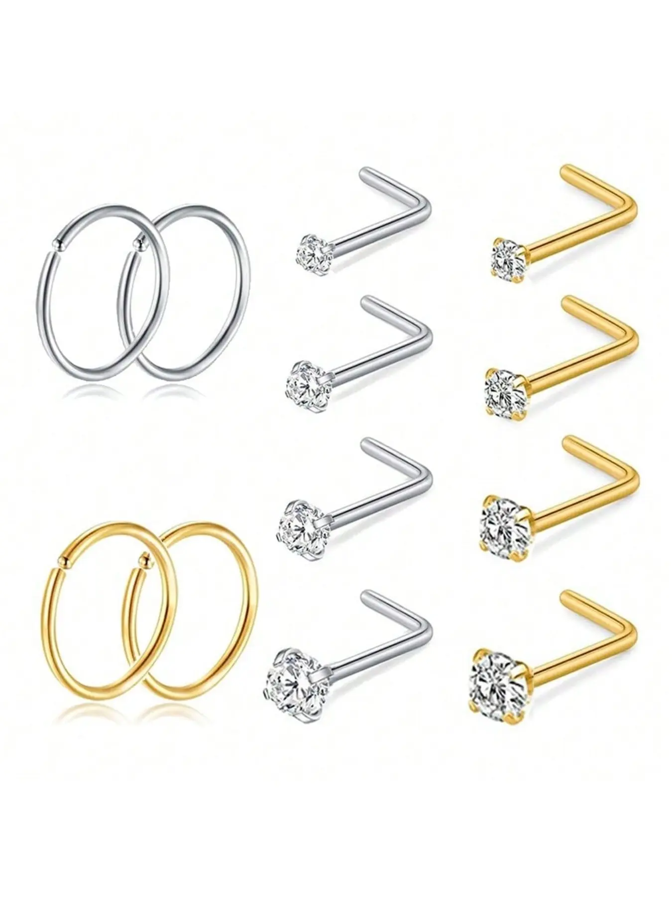 6-12pcs Nose Rings Hoops Studs 20G L Shaped Nose Studs 1.5mm 2mm 2.5mm 3mm Cubic Zirconia Small Silver Gold Hypoallergenic Nose Piercing Jewelry For Women Men