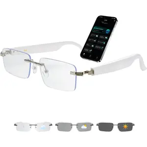 AI  Glasses for Men & Women,Spring-hinged  6.0  Glasses with 164 Languages (Real-Time Translation), Photochromic Lens,Free App,Rimless AI Translator Glasses for Work/Travel (White)