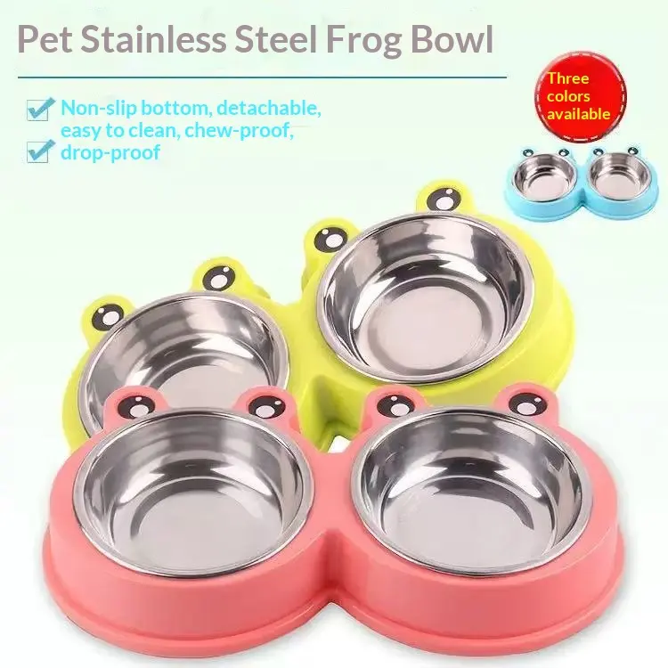 Stainless steel frog bowl cat and dog double bowl cat food set 2-in-1 cartoon pet bowl cat and dog supplies
