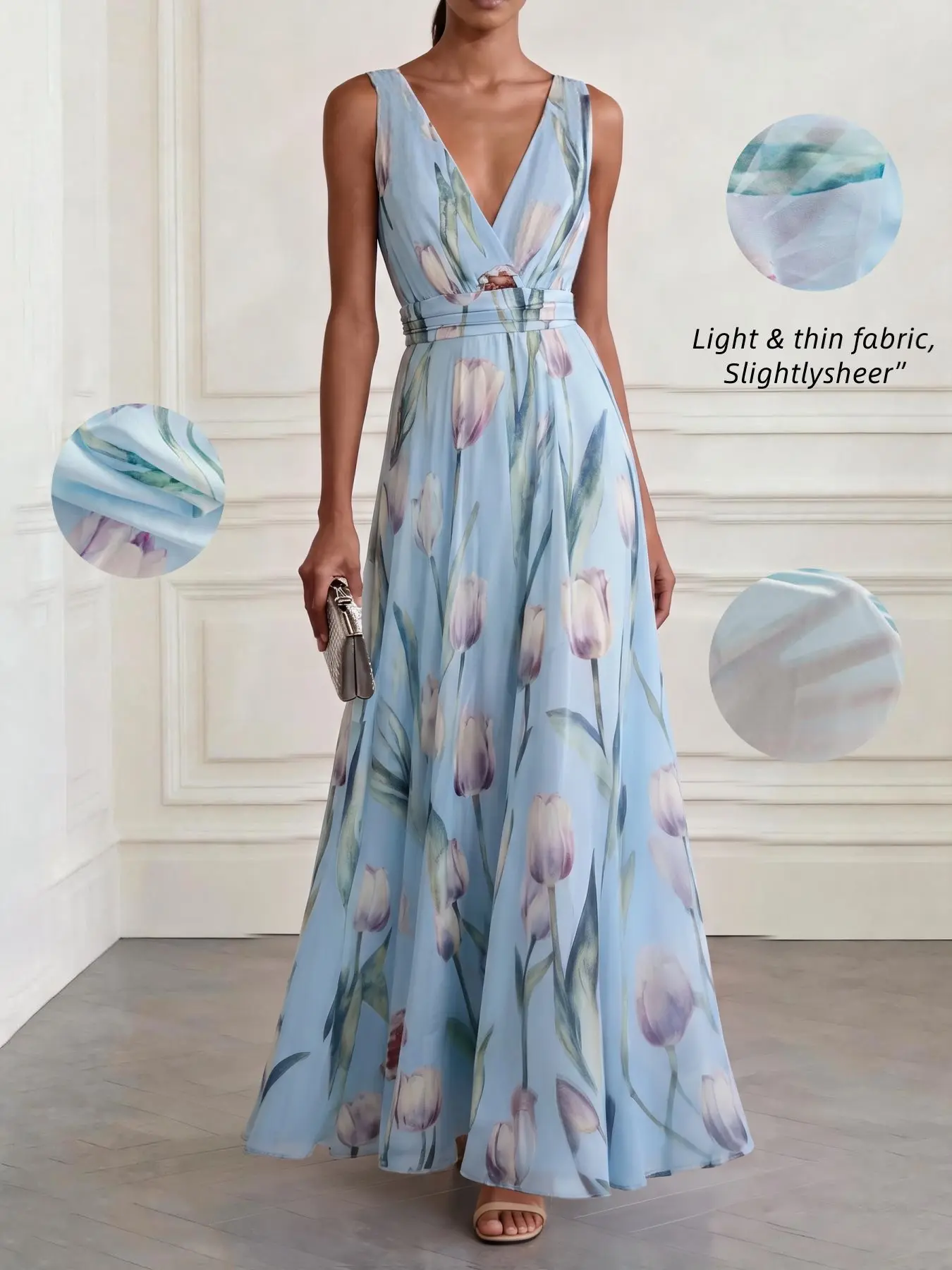 Floral Print Summer V-Neck Sleeveless A-Line Dress, Fashion Elegance Waist Cinching Flared Long Dress for Beach, Vacations, Parties and Art Exhibitions, Dresses For Party