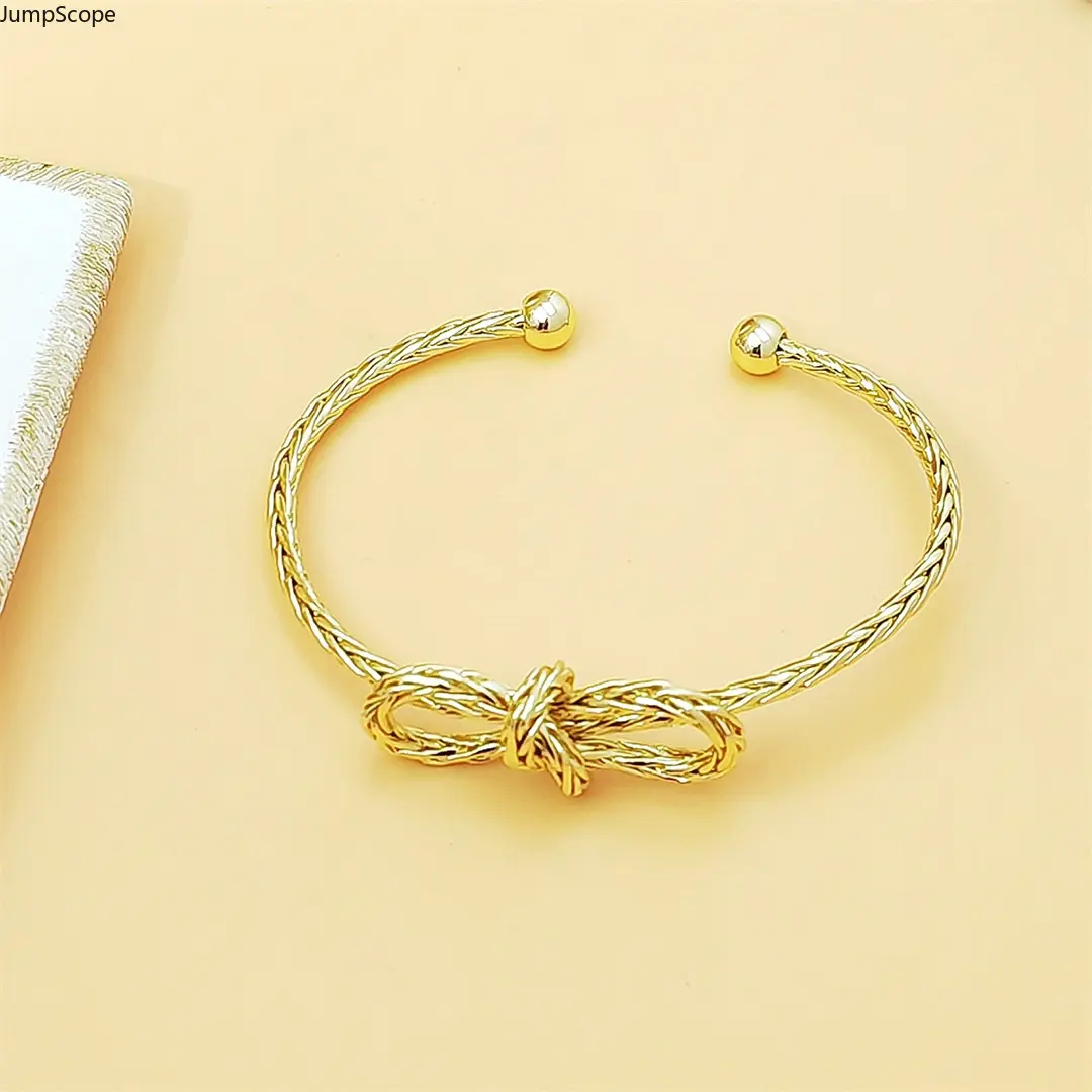 Cuff Bangle for Her, Minimalist Braided Bow Knot Dainty Steel Jewelry, Chic Open Cuff for Daily Wear, Chic Look, Mdf+Steel