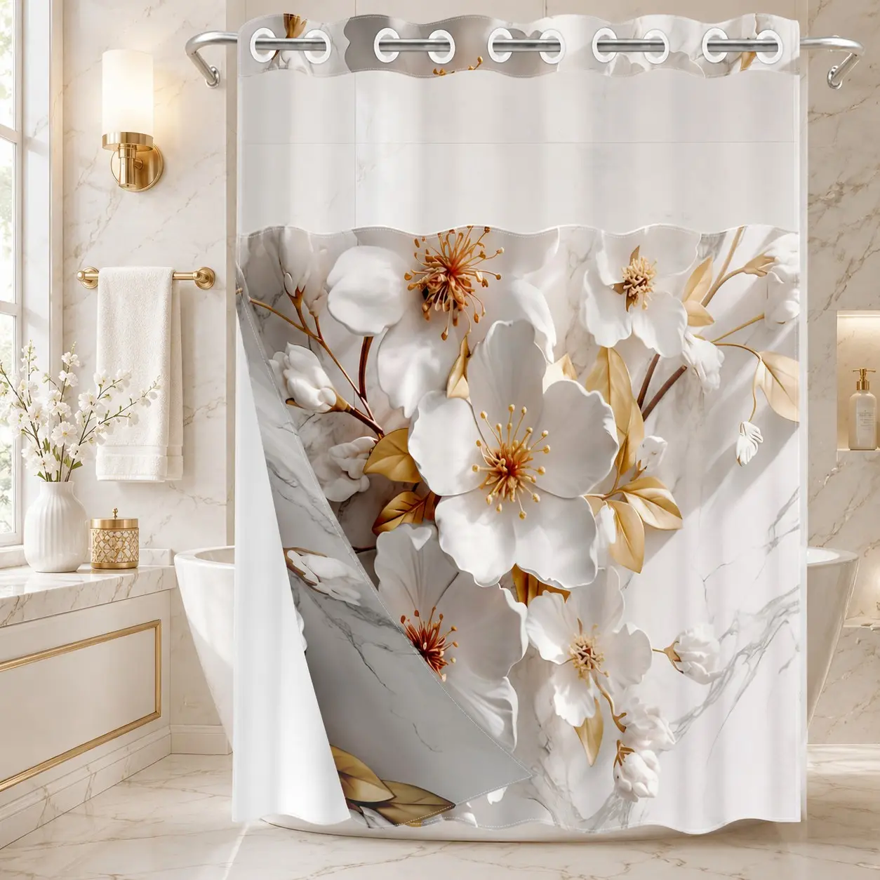 Floral Pattern Shower Curtain, 1 Count Waterproof Bathroom Curtain, Bathroom Decor Supplies for Home Hotel Salon Dormitory, Floral Shower Curtains for Bathroom