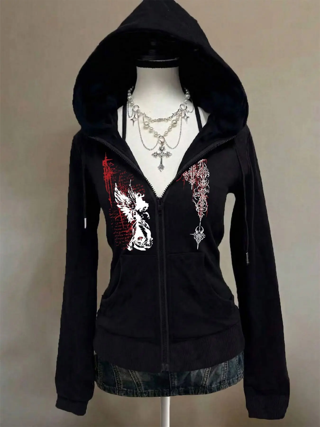 Women's Zipper Hooded Long Sleeve Top, Angel Print Gothic Theme Hoodie, Casual Slim-Fitting Daily Wear Sweatshirt