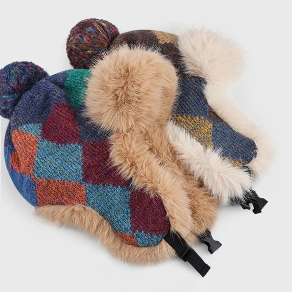 HT4914 New Autumn Winter Hat for Women Russian Hat Ladies Thick Warm Knitted Hat Fluffy Fur Colored Snow SKi Earflap Cap Ushanka