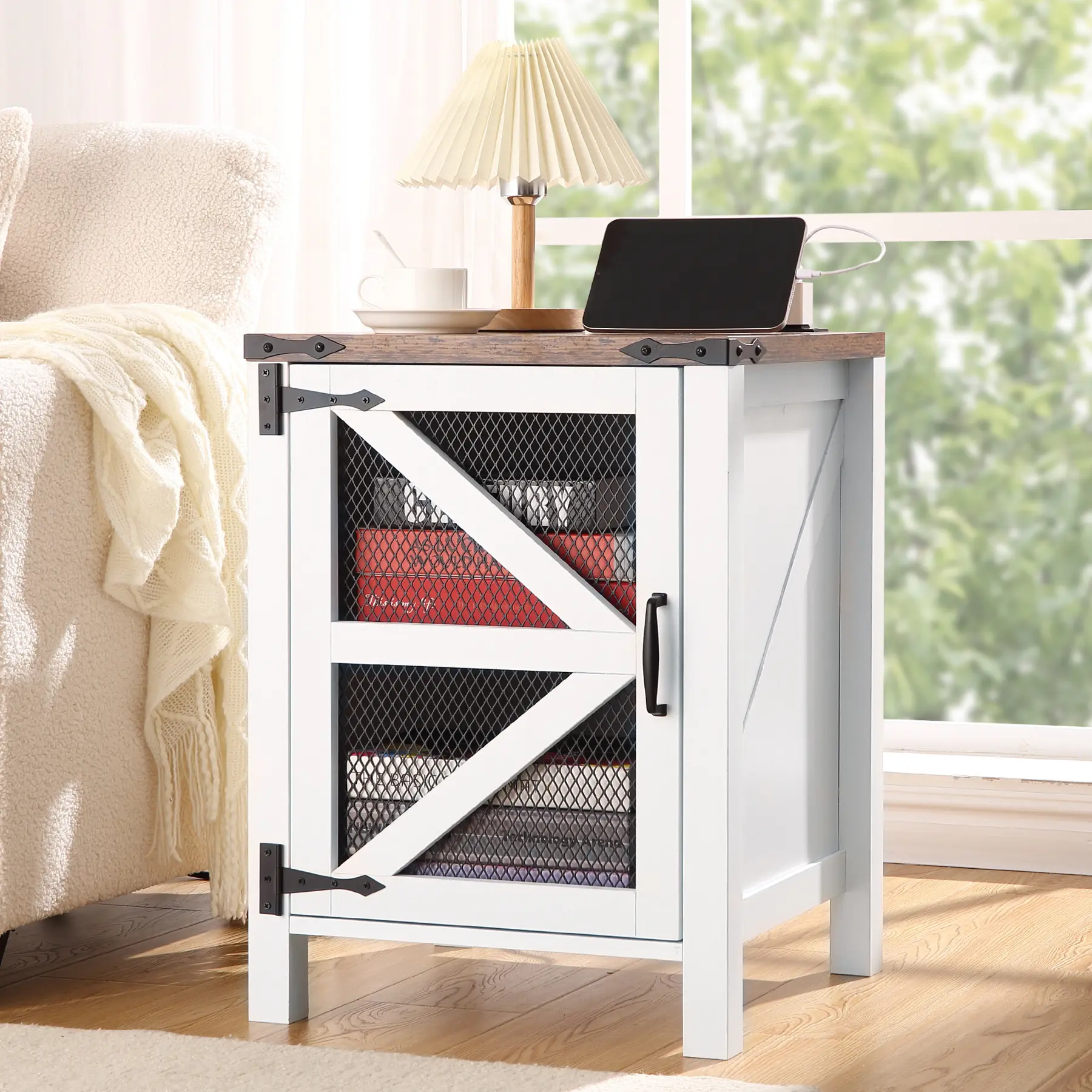 Farmhouse Nightstand with Built-in Charging Station - 45.7×45.7×62cm Rustic Wooden Side Table with Barn Door, Adjustable Shelf, Dual Outlets & Multi-Port USB for Bedroom Nightstands, Side Storage Living Room Furniture, Nightstands For Bedroom, Dual Outlet