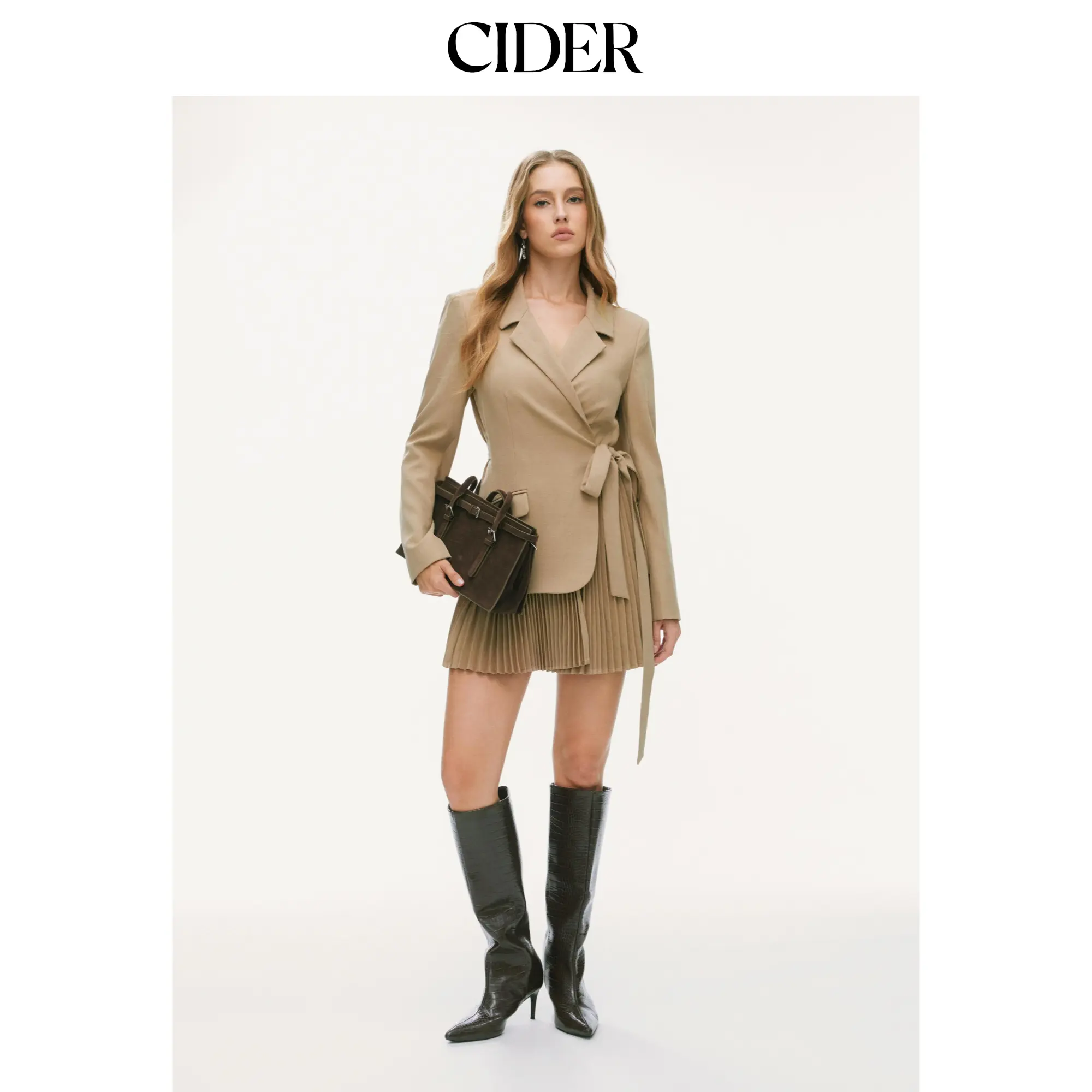 Cider Notched Collar Tie Waist Pleated Blazer Mini Dress SummerFinds
