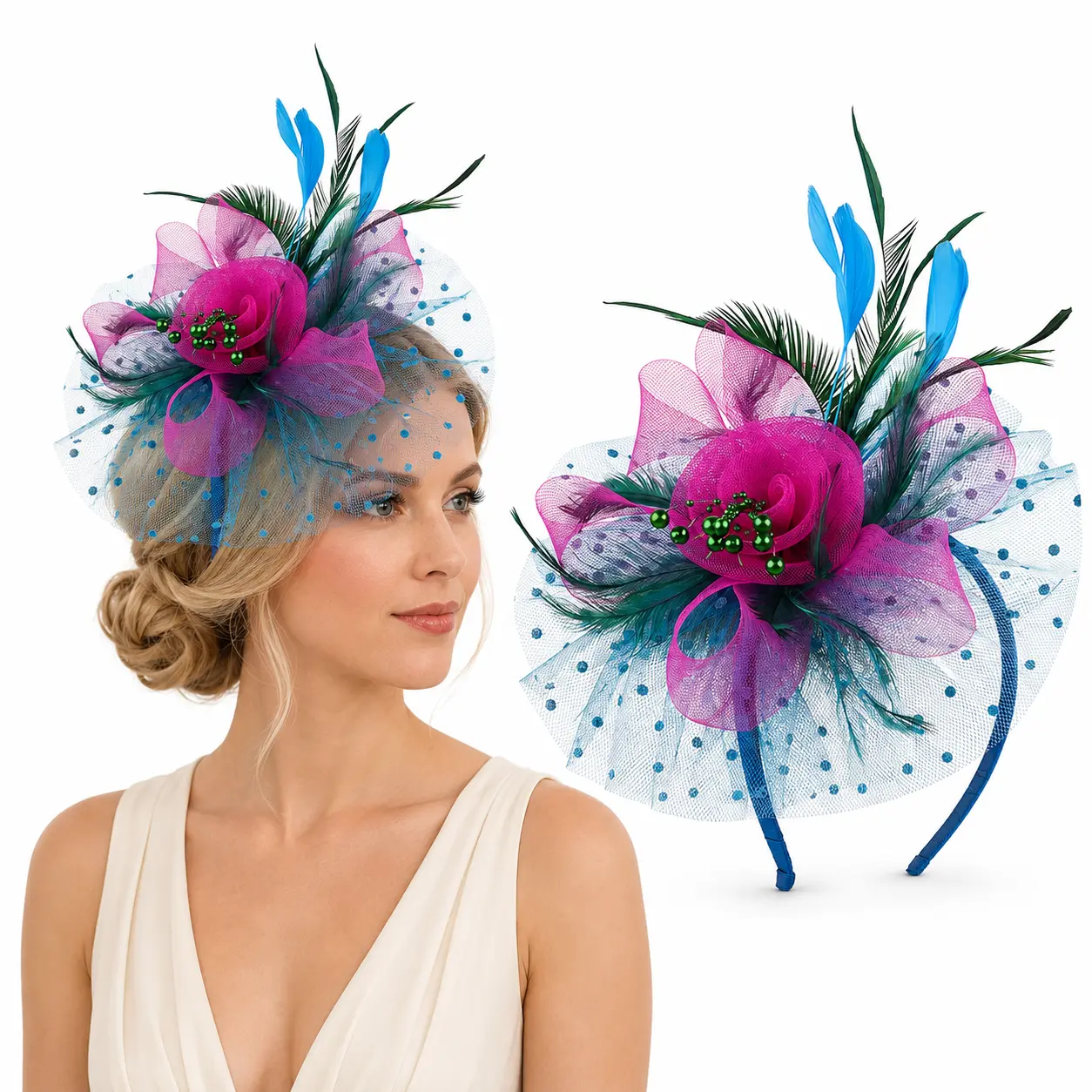 Women’s Colorful Feather Accent Fascinator Hat with Mesh Veils - 2-Wears Floral Cocktail Headpiece for Wedding Party, Kentucky Derby, Tea Party, Two Wears