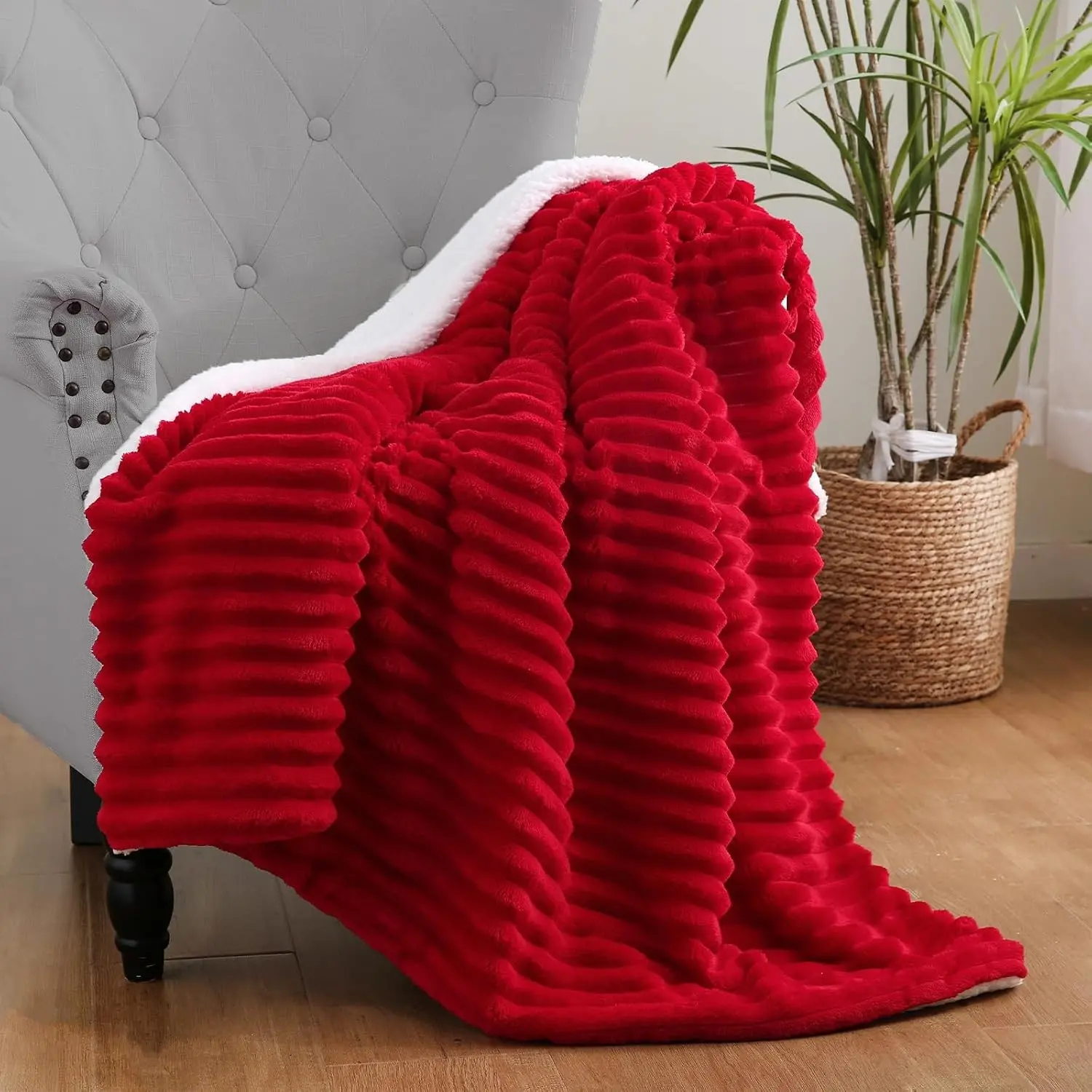 Red Sherpa Fleece Throw Blanket 50”×60” for Couch Sofa Bed | Double Side Soft Fuzzy Cozy Plush Thick Flannel Blanket with Striped Design Gift for Adults,Woman