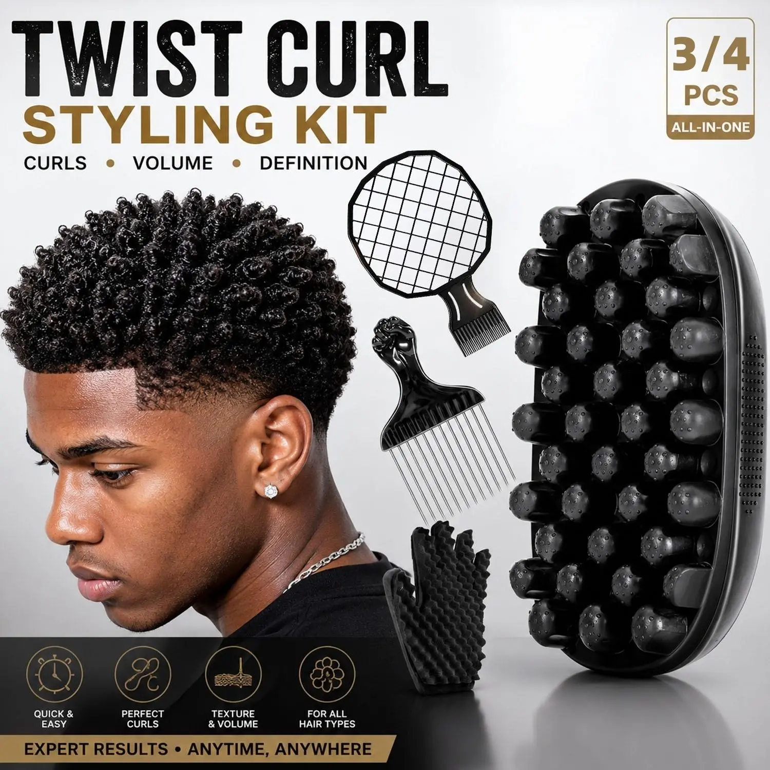 4PCS Twist Curl Styling Kit for Men, Afro Twist Sponge Brush Set with Curl Pick, Texture Comb & Wave Glove for Easy Styling, Defined Curls, Coils, Volume & Short Natural Hair, Hair Styling Tools