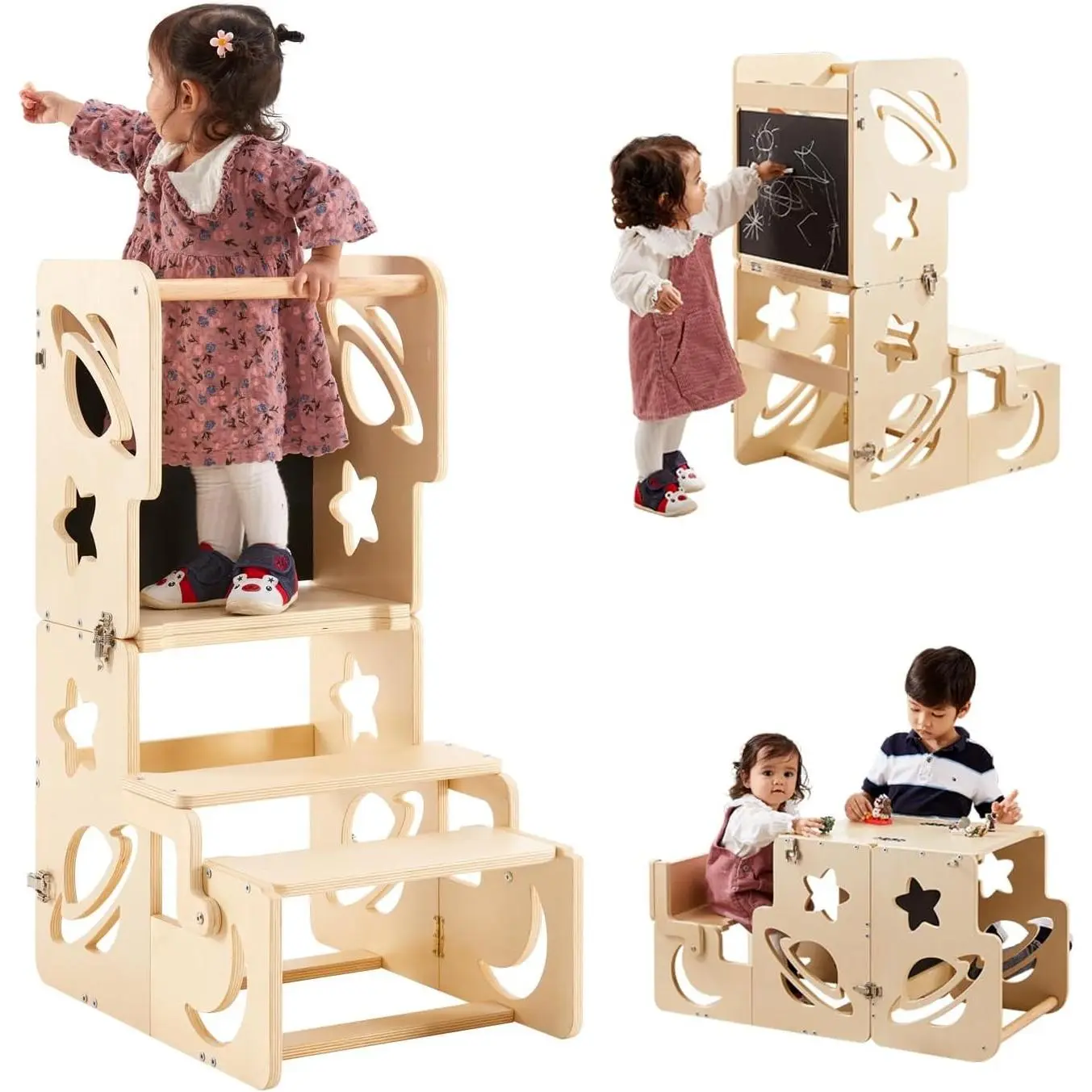 Foldable Wooden Toddler Learning Tower with Kids Step Stool, Montessori Weaning Table and Standing Tower for Kitchen & Bathroom Counter(Gift)