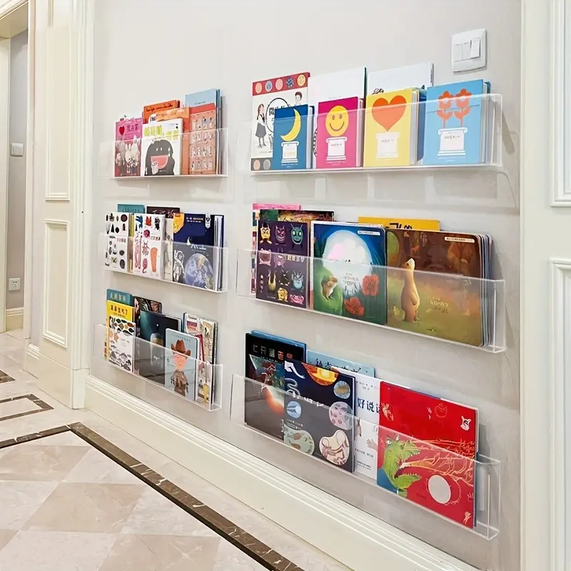 2pcs  Wall-Mounted Book Storage Rack, Transparent, Book Display and Storage, Comes with Adhesive Backing, Classroom Storage, Office Storage, Bedroom Storage,