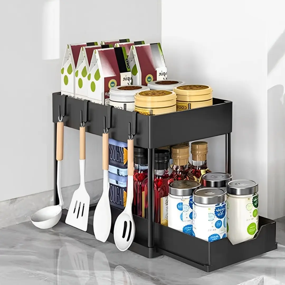 Double Layer Sliding Sink Cabinet Organizer, Tracks, Durable Metal Frame, Space Saving Kitchen/bathroom Storage Rack, Bathroom Organizer Shelf, Dishwasher Compatible, Easy Assembly