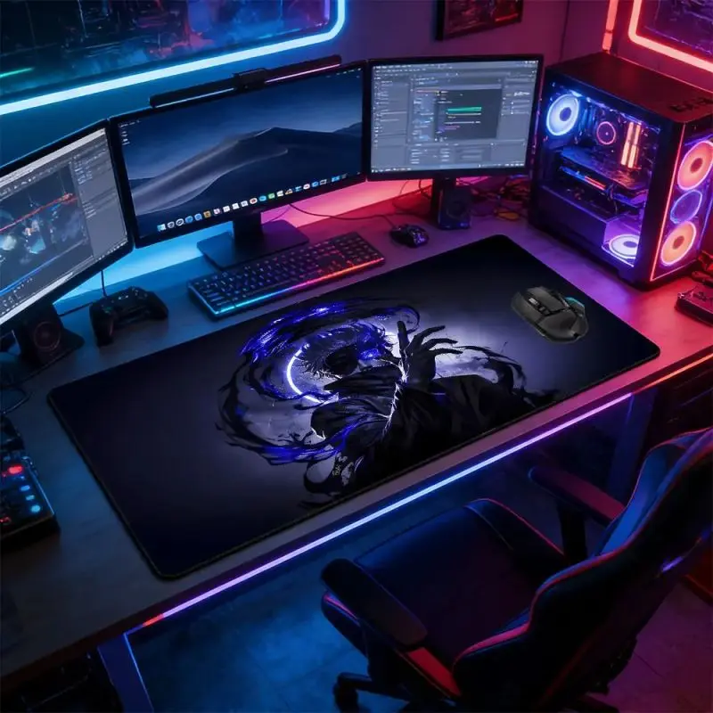 Large Rectangular Neon Effect Dark Anime Character Mouse Pad with Cyber Art Design, Non-Slip Rubber Base, Stitched Border, Durable PC Accessory for Gaming Setup, Gift for Action Anime Fans