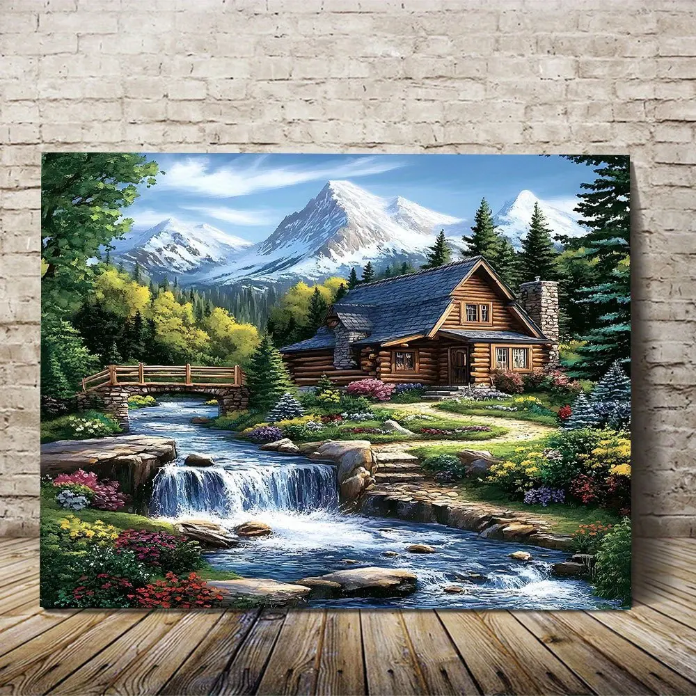 Colorful Mountain Waterfall Canvas Wall Art with Wooden Bridges & Blooming Flowers - Holiday Decor for Christmas-New Year - Home Office Bedroom Decor (Posters & Prints)