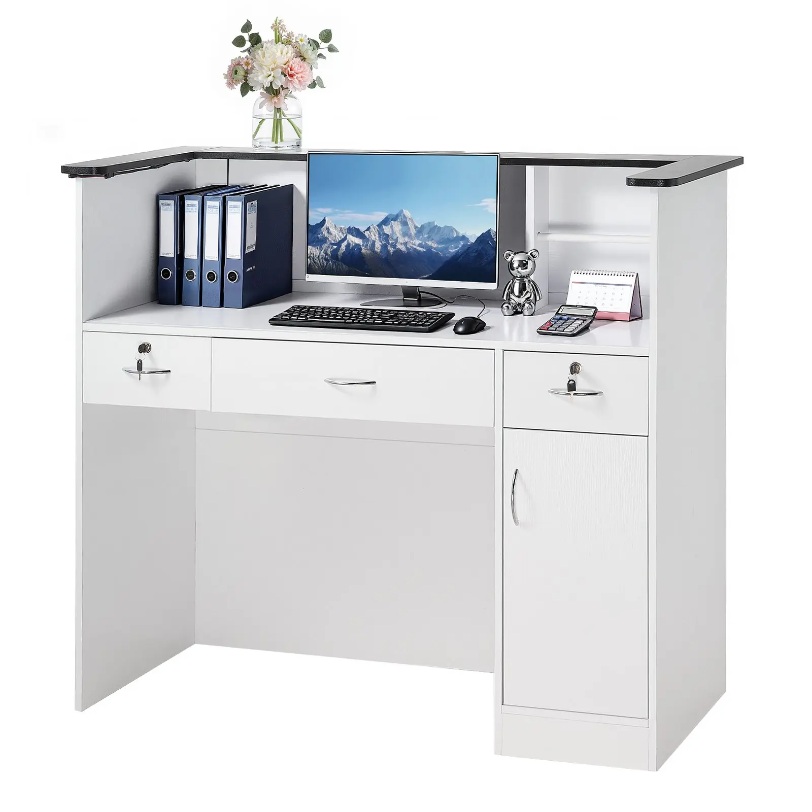 VEVOR 50-in Modern Office Reception Desk, Rectangular Front Counter with LED Light Strips, 3-Drawer Storage Cabinets, Retail Checkout Counter for Office, Lobby