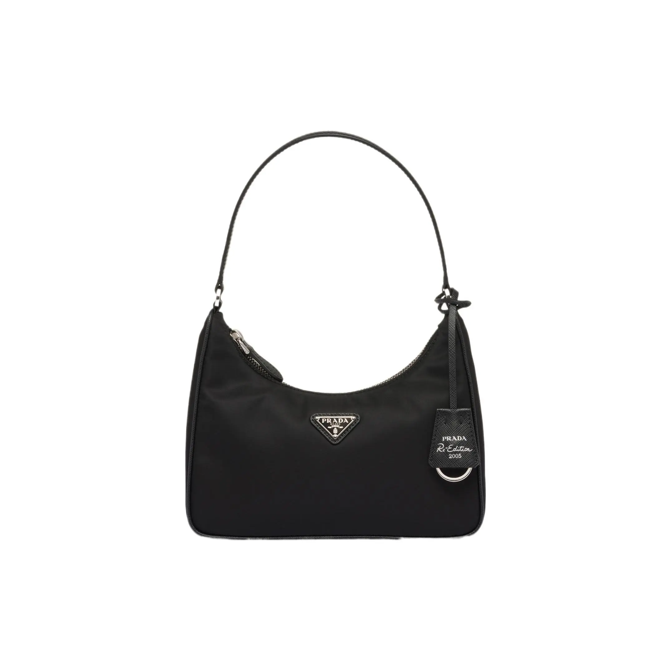 Prada Re-Edition 2005 Hobo Bag for Women – Classic Silver-Tone Triangle Logo, Slim Strap, Regenerated Nylon, Mini Crossbody and Shoulder Bag in Black