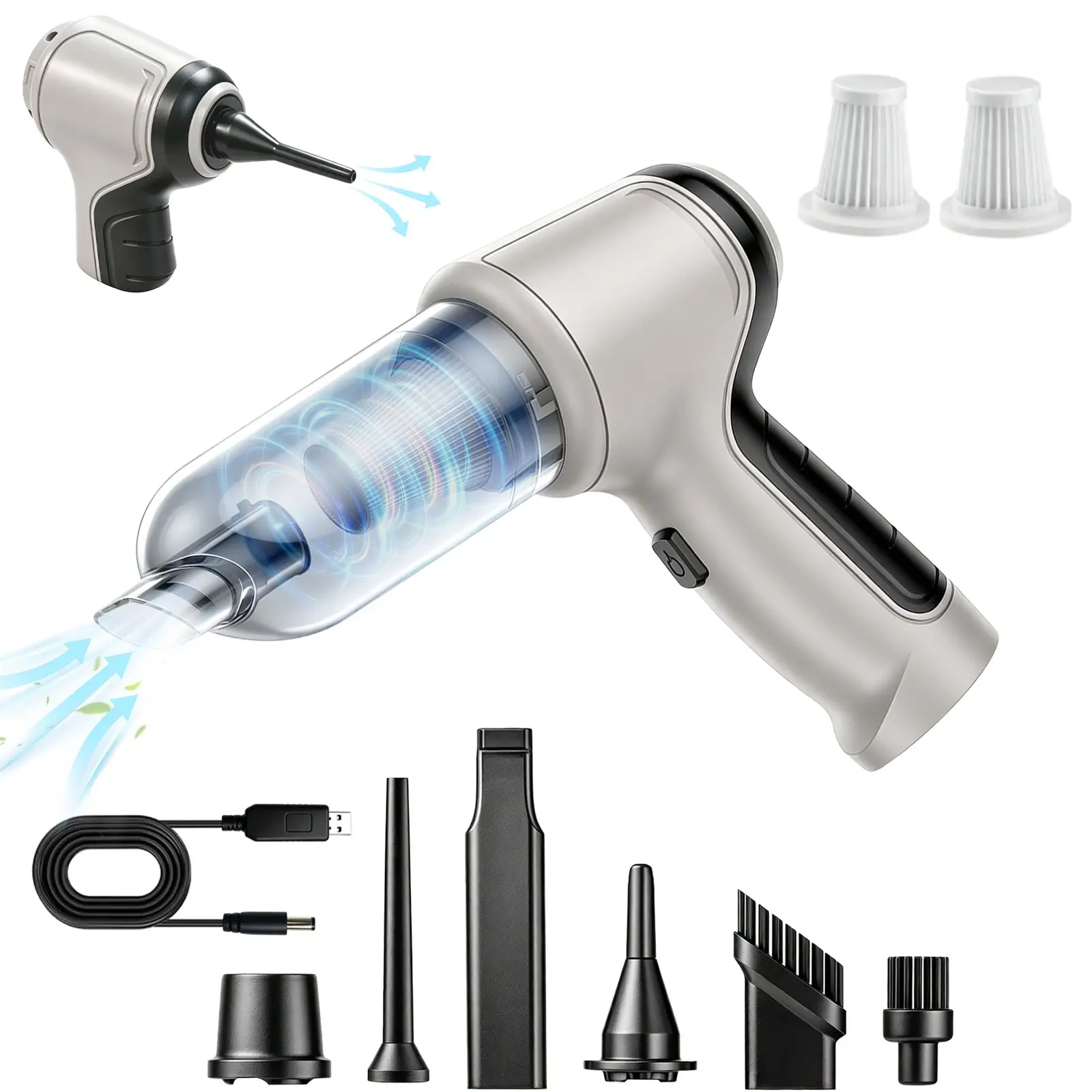 Wireless Powerful handheld vacuum cleaner , USB charging, 4-in-1 multi-functional design, suitable for car, home, and pet hair cleaning, includes accessories, durable plastic body, high-power blower and vacuum combo| Portable with Dusting Brush