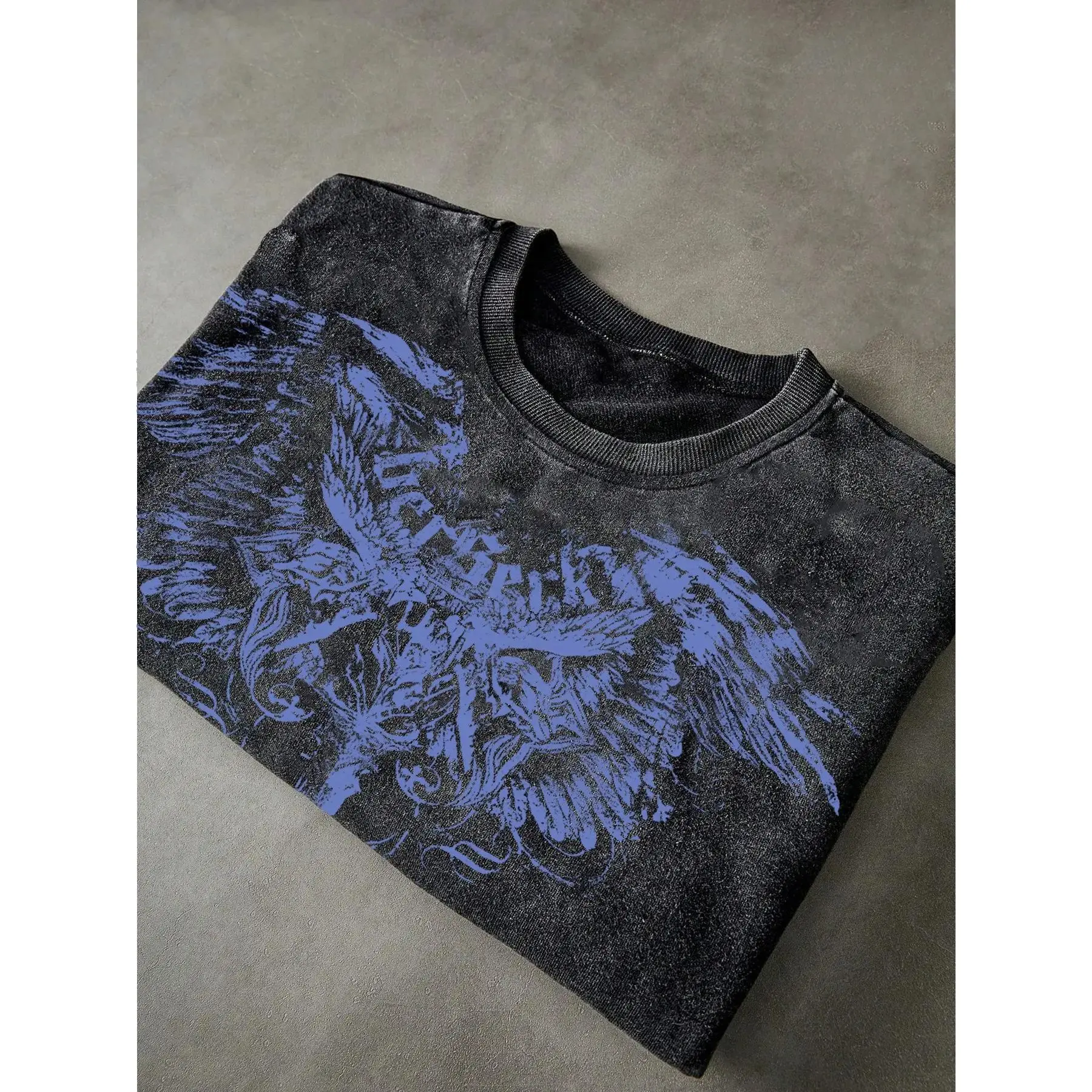 Unisex  Cotton Washed Vintage Blue Wing Skull Cross Print Oversized T-Shirt| Y2K Gothic Dark Grunge High Street American Retro Streetwear Top