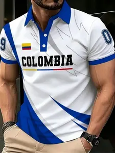 Men's Colombia Football Polo Shirt, Casual Sports Tops, Casual Slim-Fit Short Sleeve, All-Over Print, Comfortable Sport Design, Ideal for Fans & Daily Wear