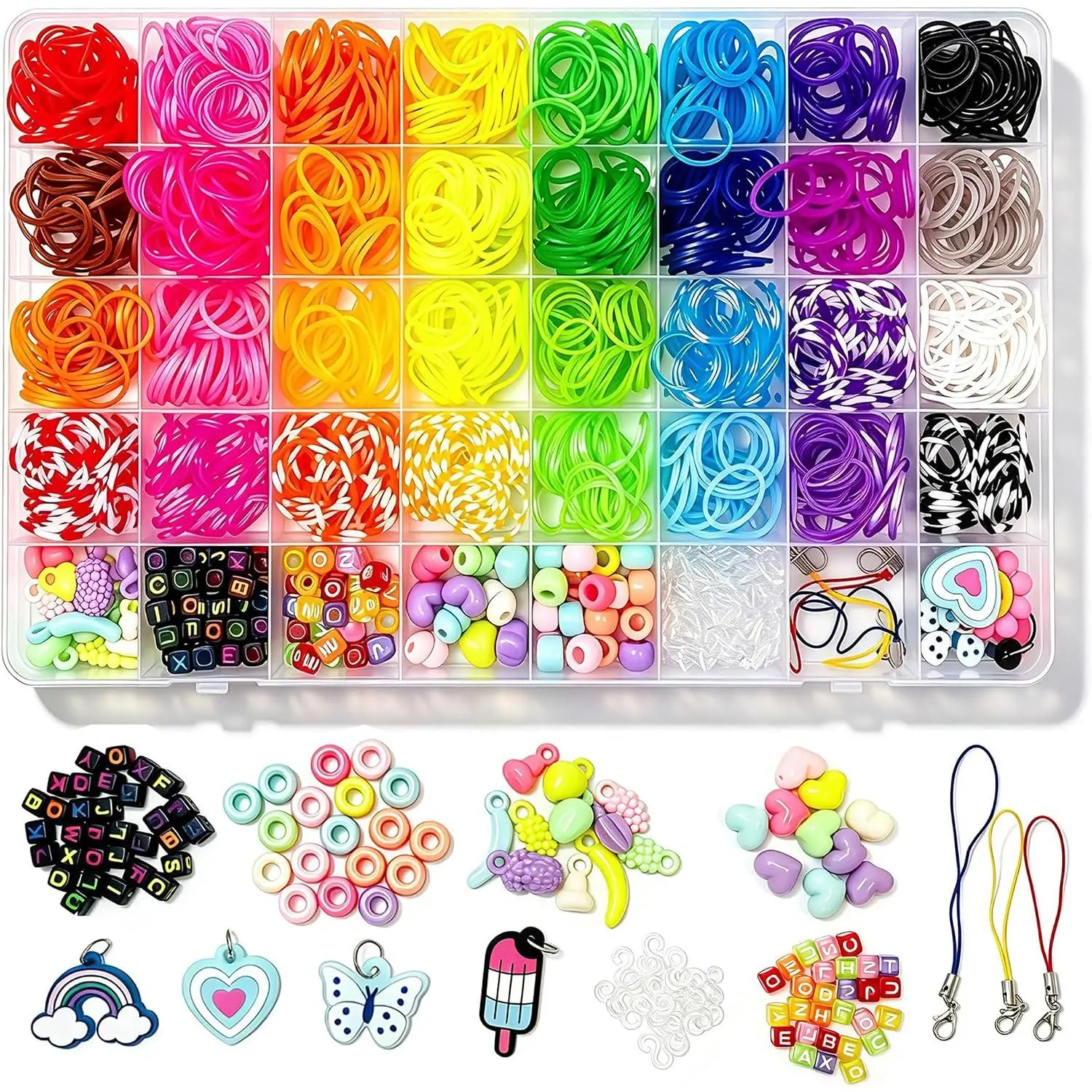 32 Diverse Shades Rubber Band Bracelet Kit - 1200+ Pcs Loom Bands Set with Pony Beads, Charms for DIY Beads Making, Creative Hobbies