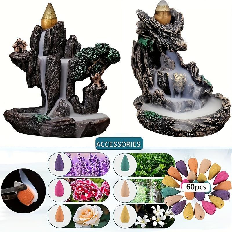 Incense Burner, 1 Set Creative Waterfall Design Incense Burner with 60pcs Incense Cones, Home Decor Ornament, Desktop Decoration for Living Room Bedroom, Freshener