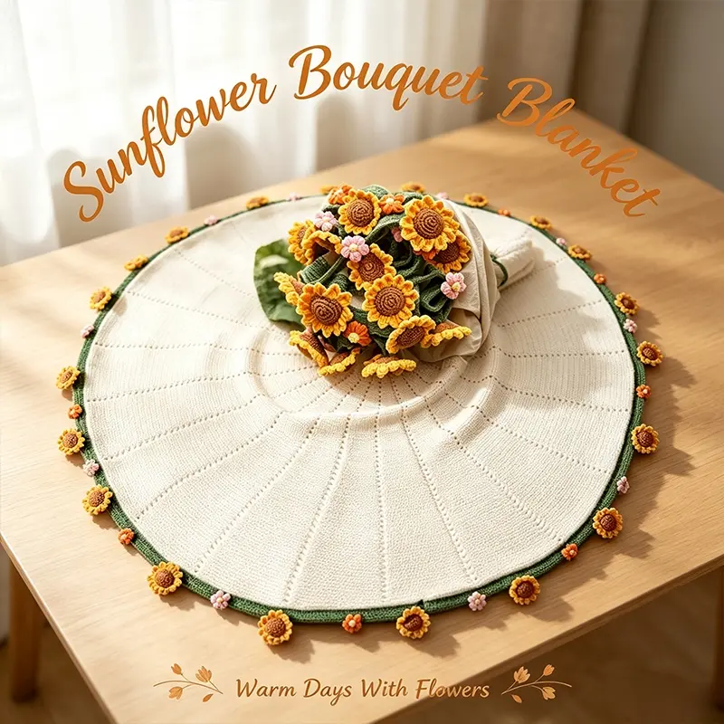 Romantic Sunflower Floral Trim Round Knit Throw Blanket, Foldable Bouquet Shape Hand Crochet Cover, Light Cozy Knit Fabric for Sofa Leisure, Bed Layering & Wedding Guest Gift
