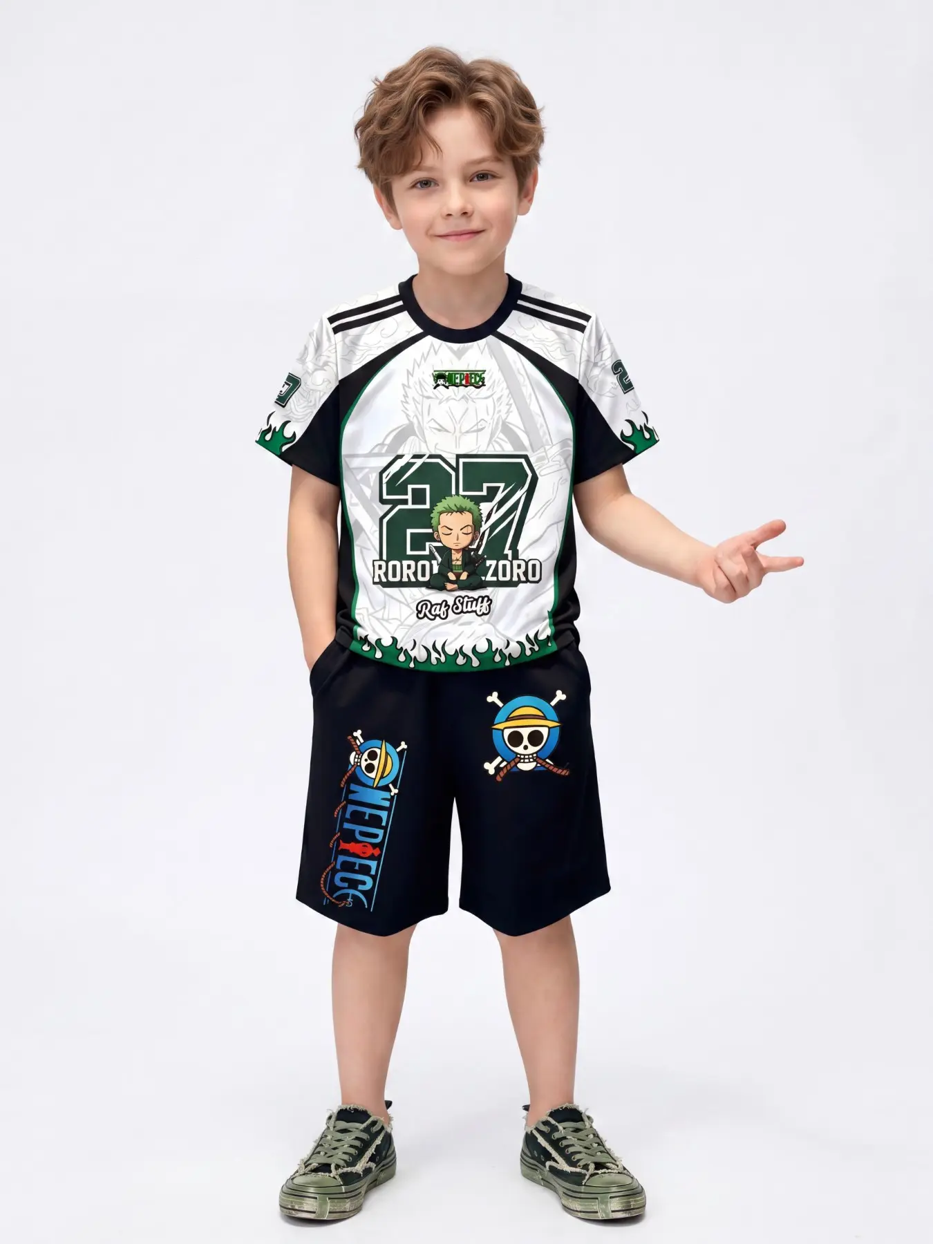 Authentic One Piece Boys 2Pcs Outfit Set, Clothing, Roronoa Zoro Q Version Flame Print White Green Raglan Sport Jersey T-shirt & Skull Logo Black Shorts, Soft Airy Stretch Fabric Casual Outfit for Boys 4-14, Soccer Law