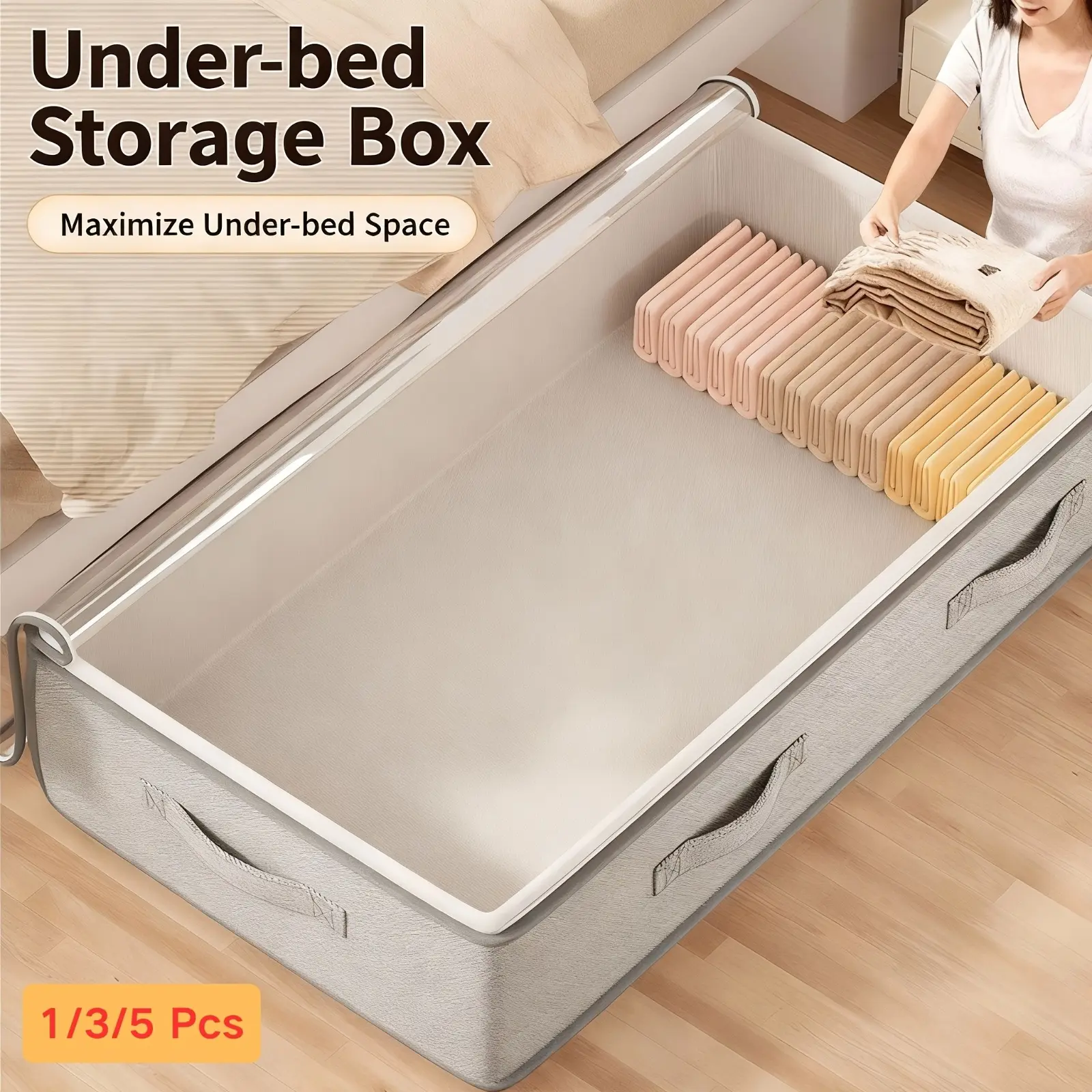 1/2/3/5Pcs Foldable Under Bed Storage Box with Reinforced Handles, Large Capacity Flat Underbed Organizer Storage Container, Space-Saving Under-Bed Drawer Ideal for Storing Clothes, Seasonal Blankets and Bedding in Bedrooms