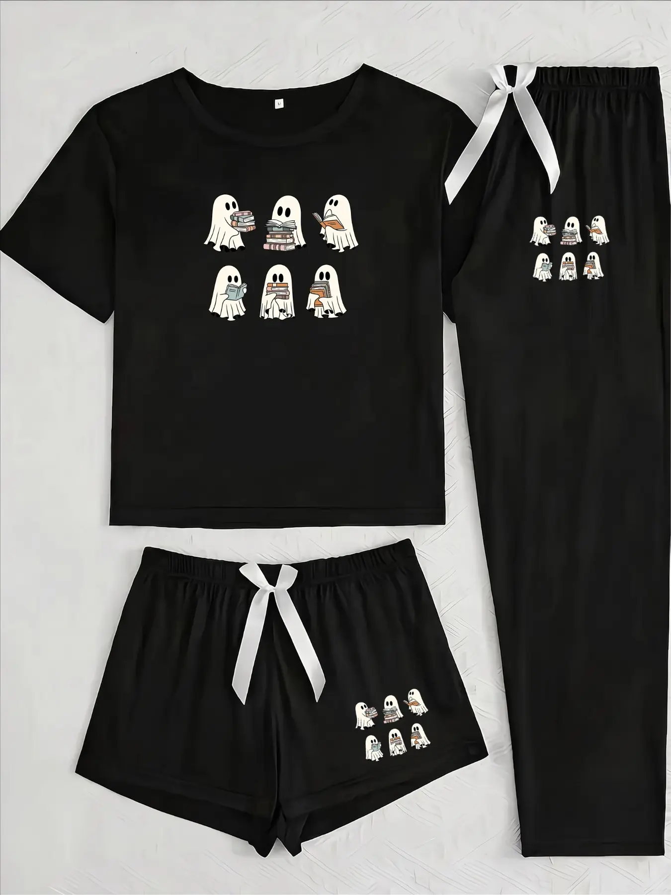 Three-Piece Pajama Set for Women, Loungewear Pjs, Halloween Ghost Print, Casual Loose-Fitting, All Seasons, Unlined, Random Print, Plain Surface