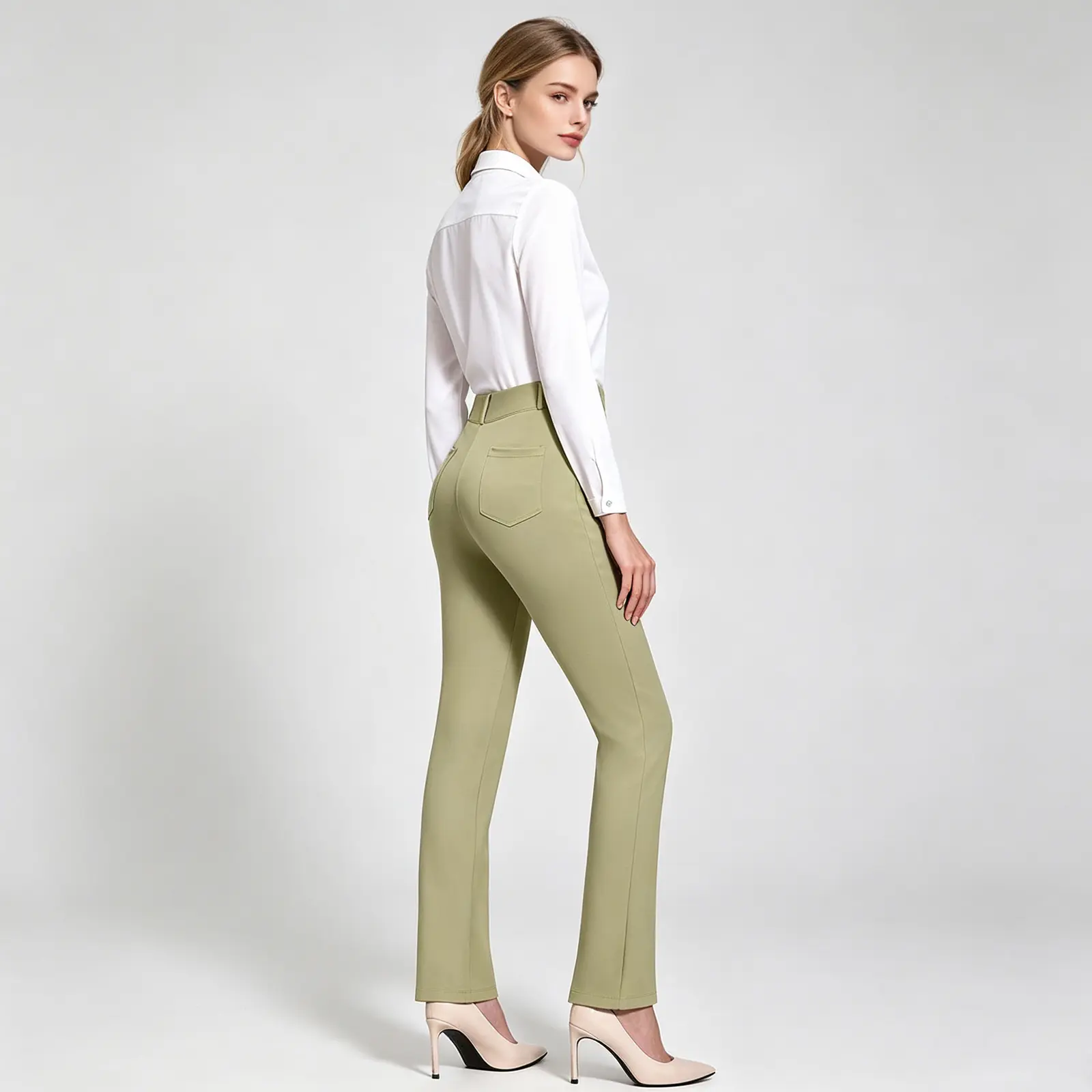 Women's High-Waist Elastic Flared Plain Pants - Polyester-Spandex Bottoms with Pockets, All-Seasons for Party, Dating