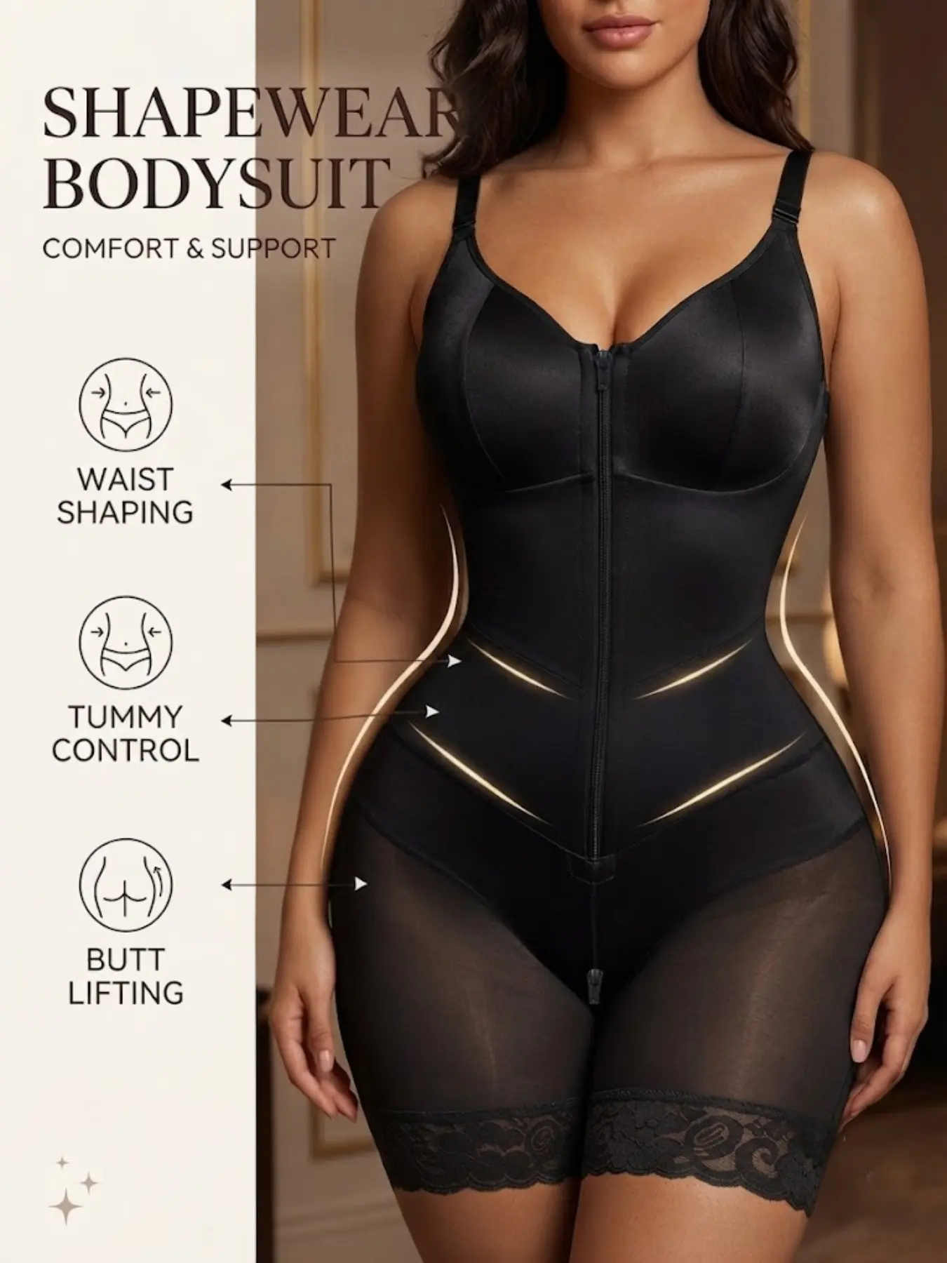 Women's Lift Body Shaper, Fajas, Compress Shapewear, Colombian Shapewear Bodysuit, Front Zipper Adjustable Fit, Lace Trim Anti-Slip Leg Hem Jumpsuit, Butt Lifting And Tummy Control Bodysuit, Ideal For Daily Wear