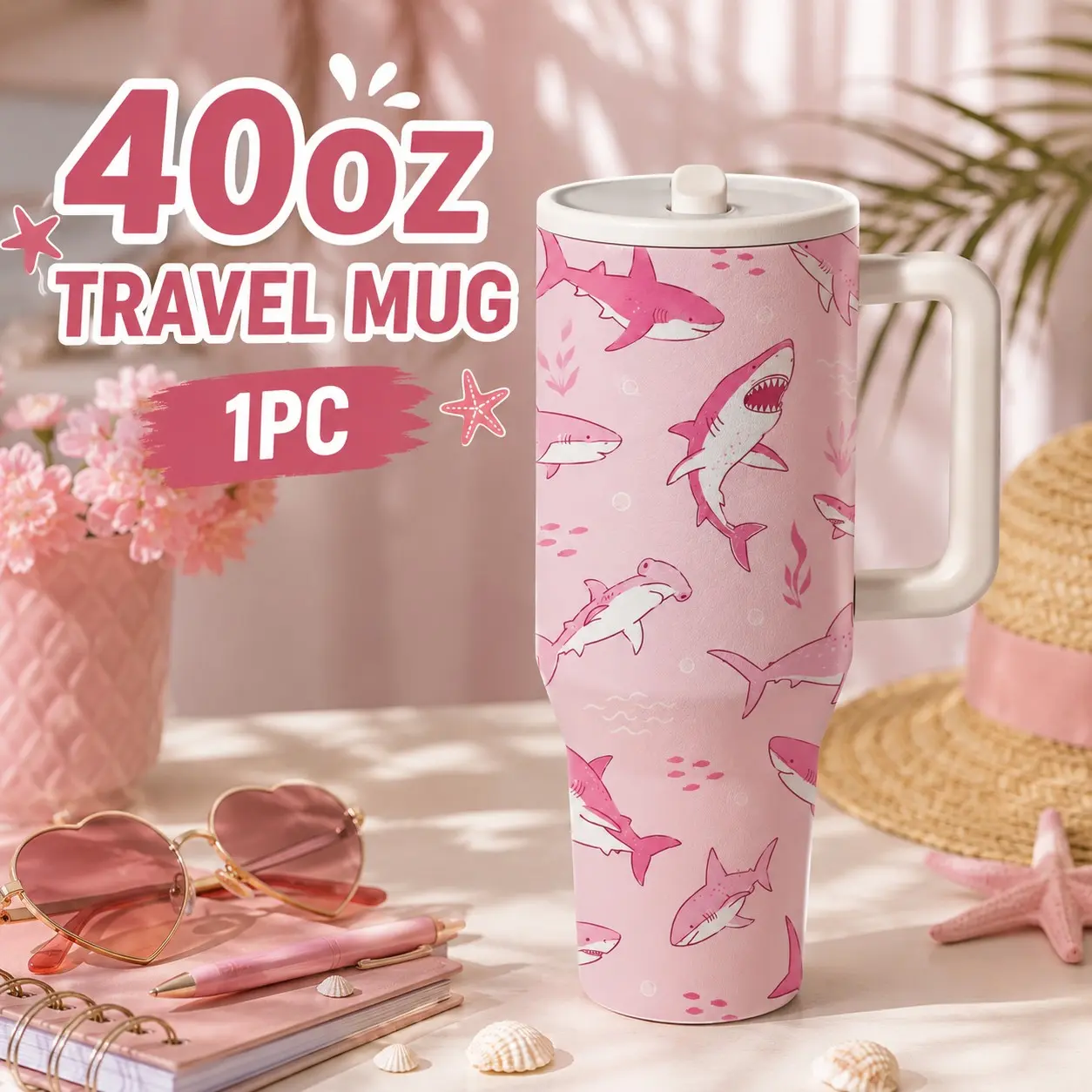 1 Pc 40oz Shark Print Vacuum Insulated Tumbler with Handle, Double Wall Stainless Steel Travel Mug, Leak-Proof Lid, Keeps Drinks Cold 24H & Hot 12H, Ocean Sea Life Coffee Cup for Beach, Travel, Office, Camping, Gift for Men, Women & Shark Lovers
