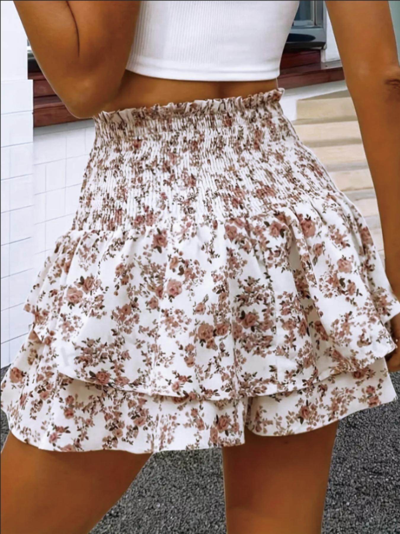 Women's Floral Print Woven Frill Trim Shirred Tiered Layer Shorts, Casual Loose High Waist Tie Front Drawstring Wide Leg Shorts for Spring & Fall, Women's Bottoms for Daily Wear