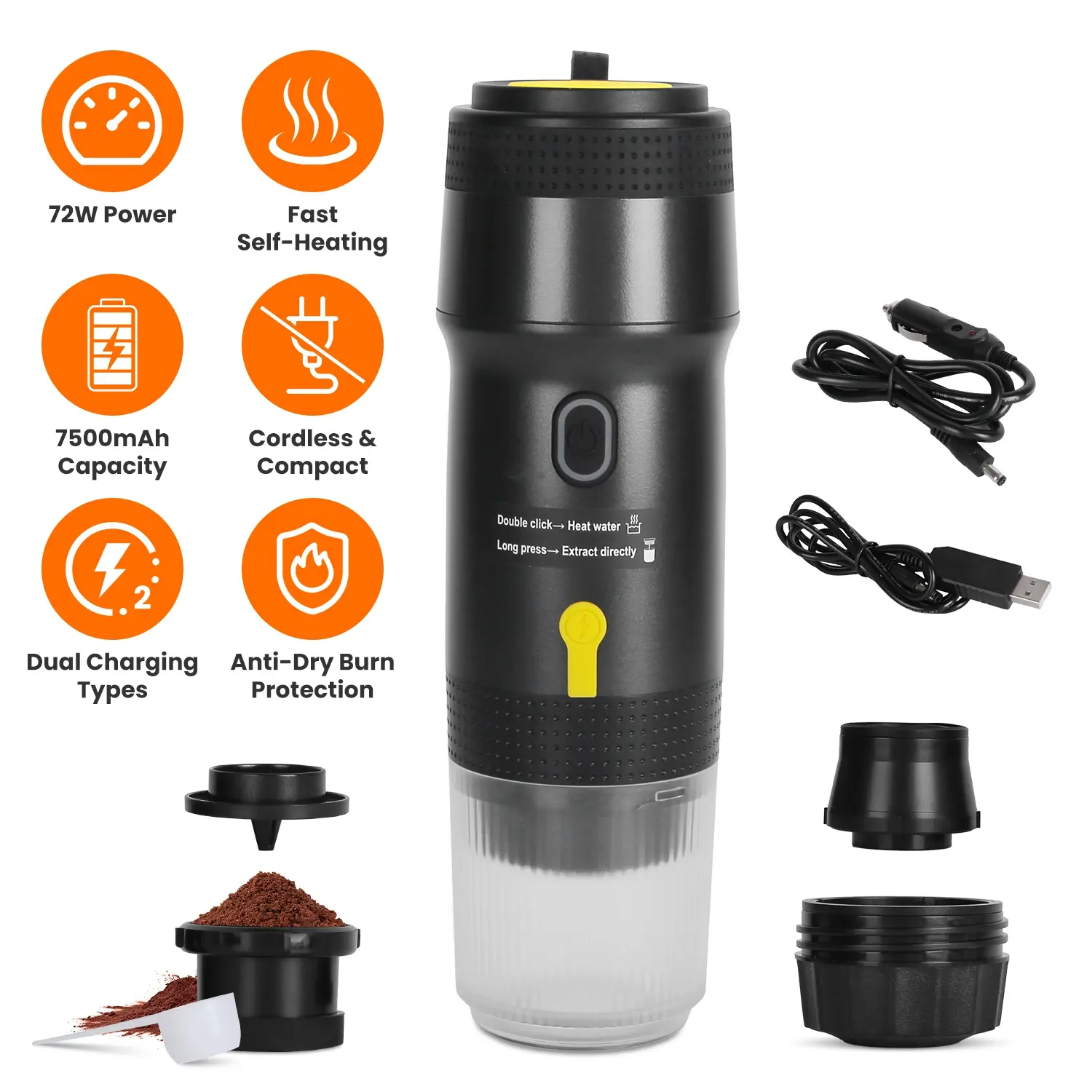 Portable Cordless Self-Heating Electric Espresso Machine with Fastcharging, Anti-Dry Burn Protection, Copper Interior, Barista-Level Quality for Adventurers, Fits Ground Coffee/NS/DG Capsules, Car-Use, Cordless & Compact