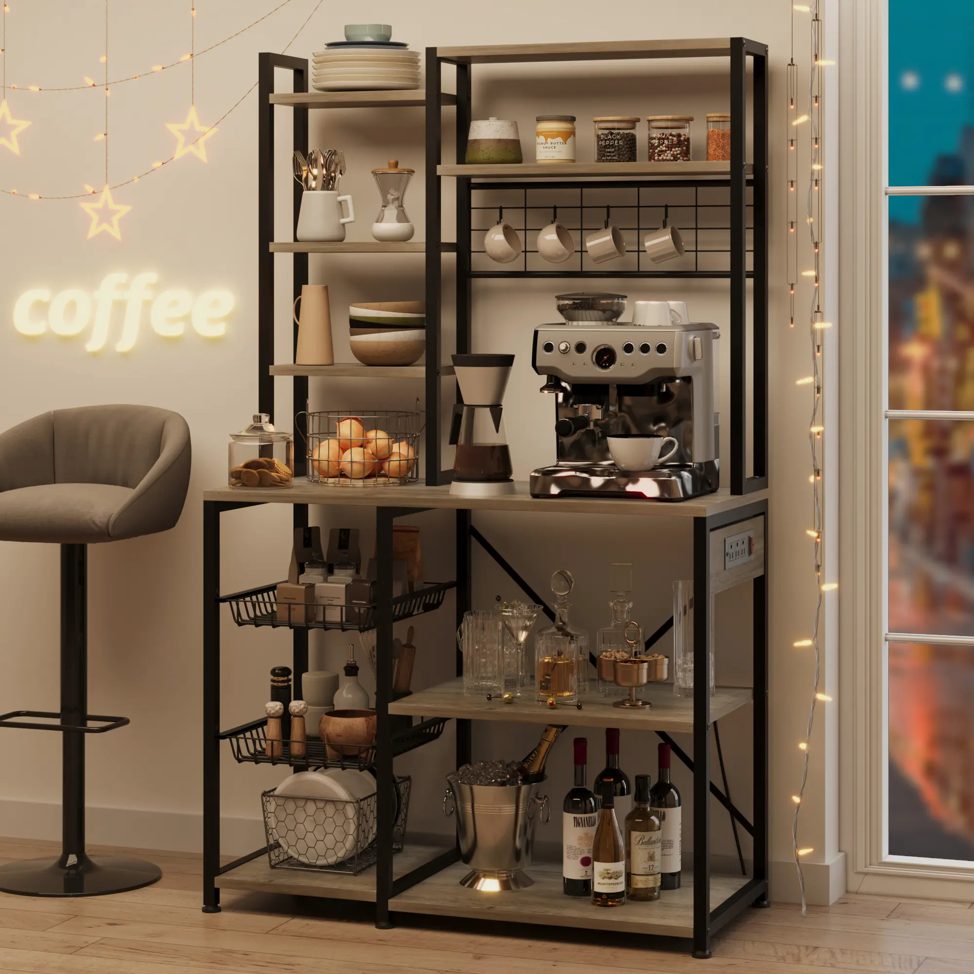 Garvee 7-Tier Industrial Bakers Rack with Power Outlets - Large Kitchen Microwave Stand - Metal Coffee Bar Storage Shelf, Wire Baskets - Rustic Brown or Gray, Home Dining Room Apartment Pantry Office, Utility Rack Organizer Stand, Kitchen Furniture Unit
