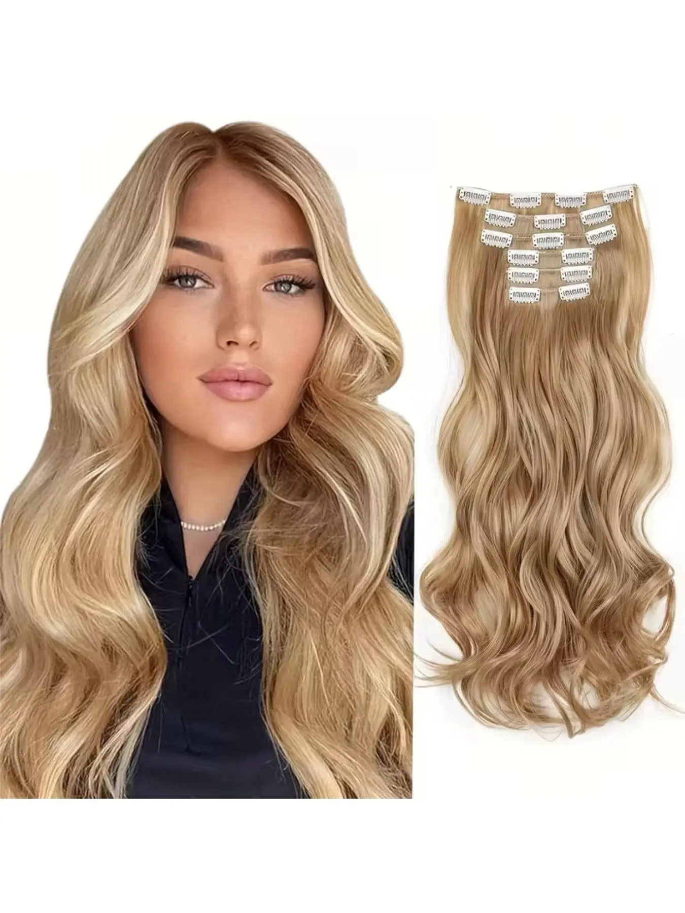 18 Inch Big Wave Clip On Synthetic Fiber Extensions 6 Pieces Gradient Color Voluminous Hairpieces with Clips Soft Fluffy Natural Looking Hair Extension for Women Hair Styling Volume Boost
