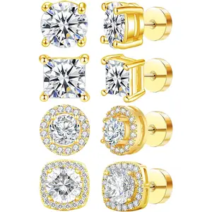 4 Pairs Stainless Steel Stud Earrings for Men Hypoallergenic Earring Flatback Earring Screw Back Silver Gold Studs Inlaid Cubic Zirconia Stud Earrings for Women MenGift.