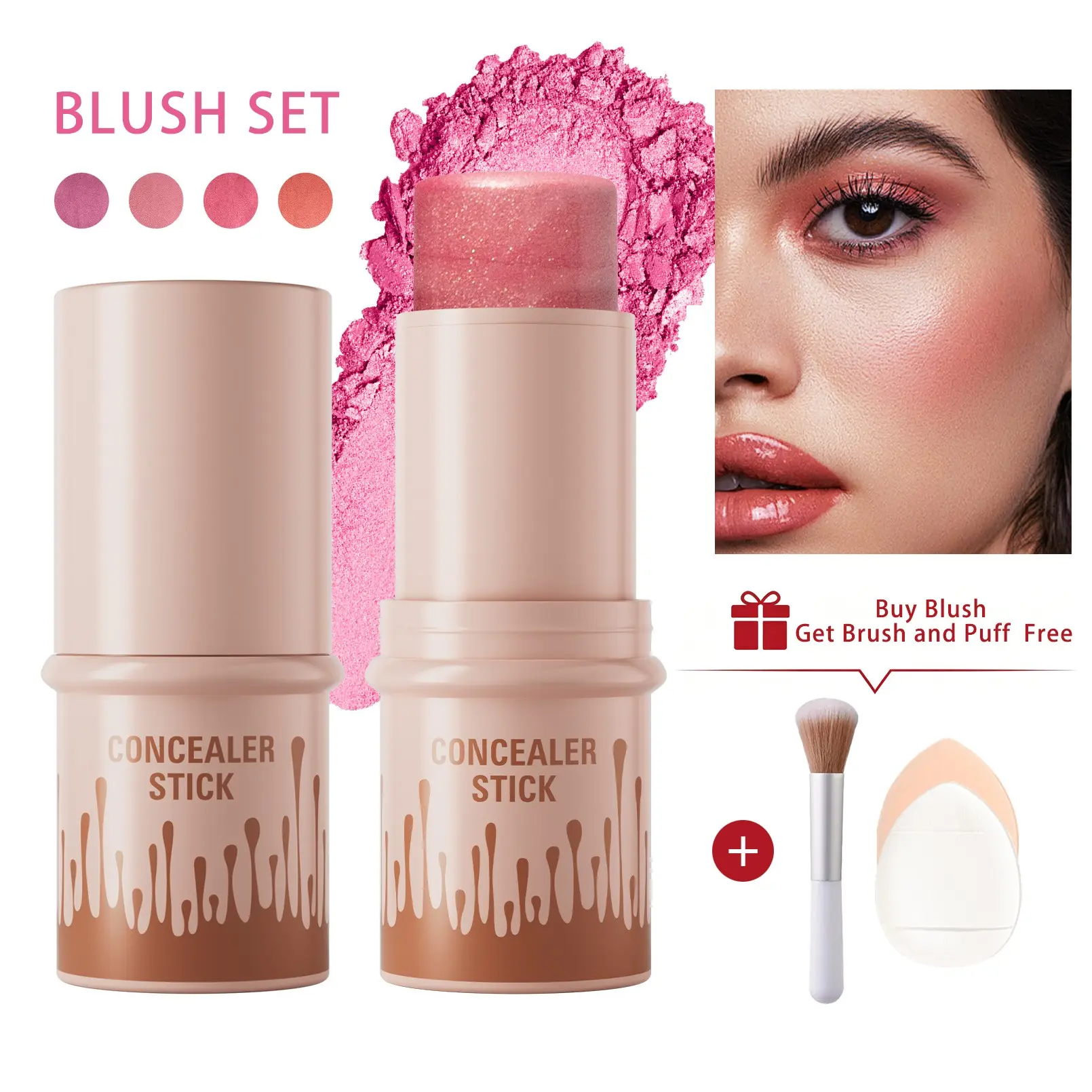3pcs Multi-functional Blush Stick Set, with Brush and Makeup Puff, 4 Colors can Choose, Monochromatic Multi Stick, Creamy, Lightweight, Versatile, Luxurious, Adds Shimmer, Easy To Use On The Go, Sparkling Rose, for Halloween Makeup & Christmas Gifts