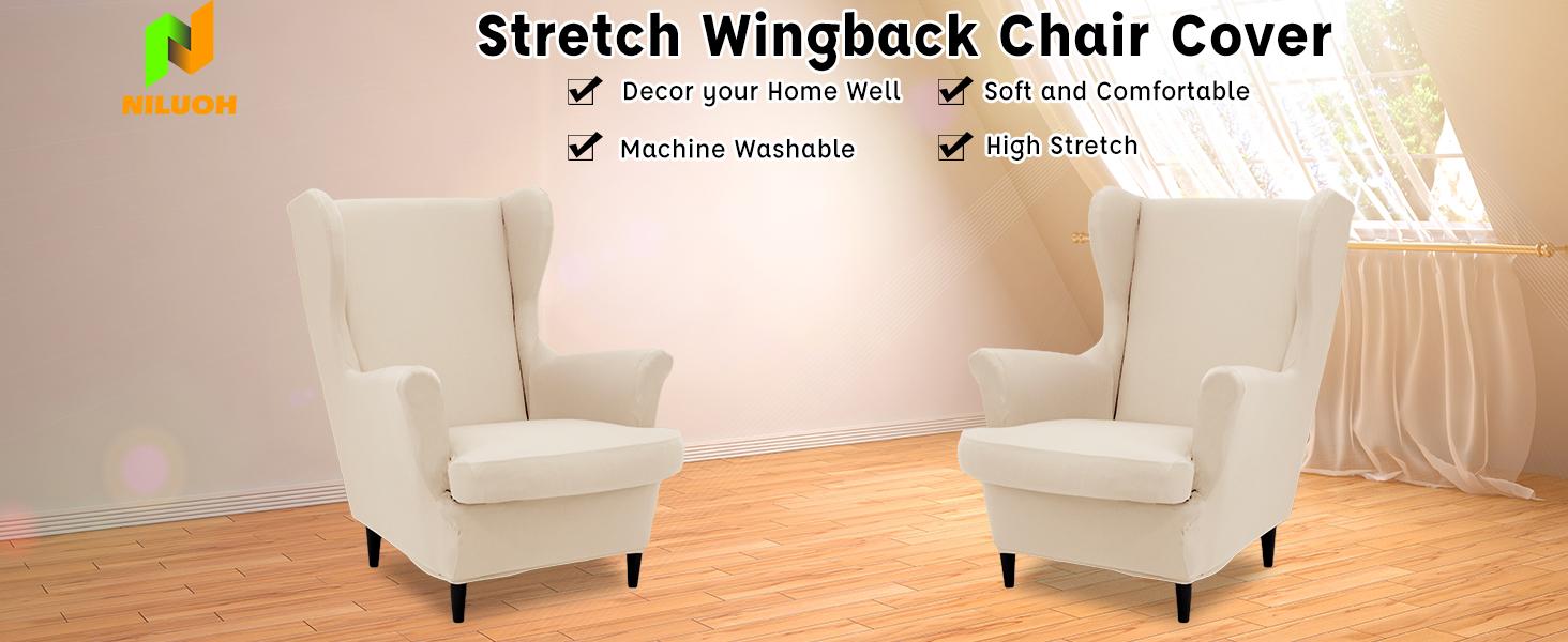 NILUOH Wingback Chair Cover 2-Piece Soft Stretch Wing Chair Slipcover Solid Color Armchair Sofa Couch Cover Furniture Protector with Elastic Bottom for Living Room Bedroom (Navy)