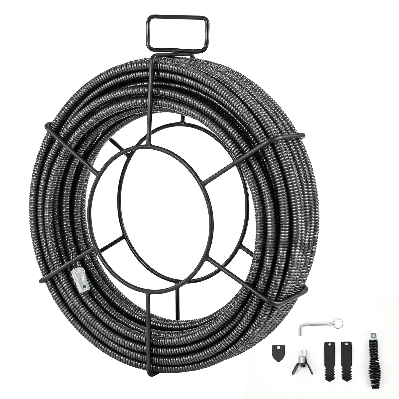 Heavy Duty Solidified Core Drain Snake Cable – 4 Cutter Attachments – Spiral Sewer Auger for Pipe and Drain Clog Cleaning – Compatible with Electric Drain Cleaner Machines and Plumbing Tools
