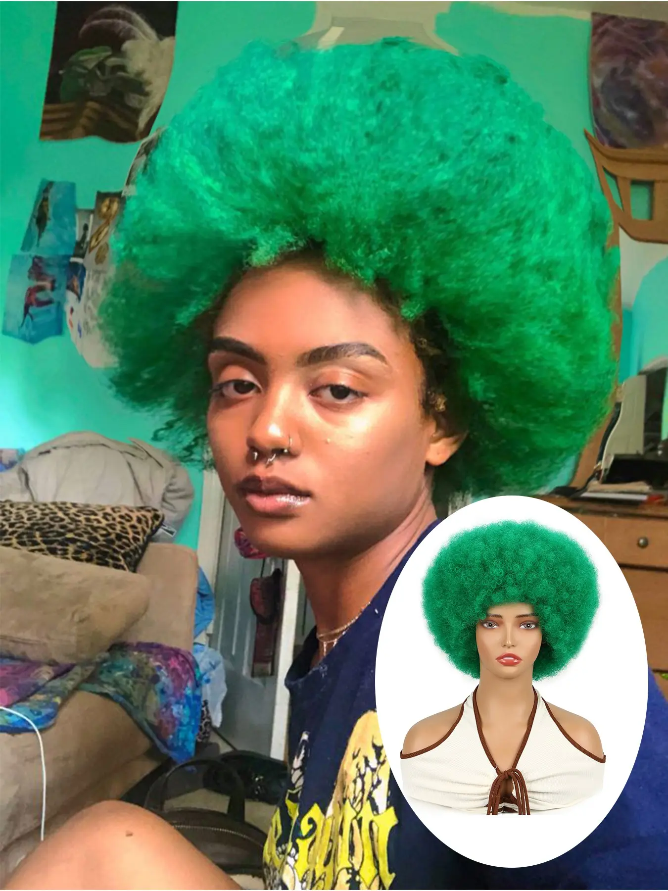 Green Black Multicolor Wigs Soft Afro Hair 70s Wig For Women Afro Kinky Curly Hair Wigs With Bangs Looking Natural Short Afro Curly Wig For Men Bouncy White Afro Puff Wig Synthetic Hair Big Afro Wig For Daily Party Cosplay  Decorations For Woven Hair wigs