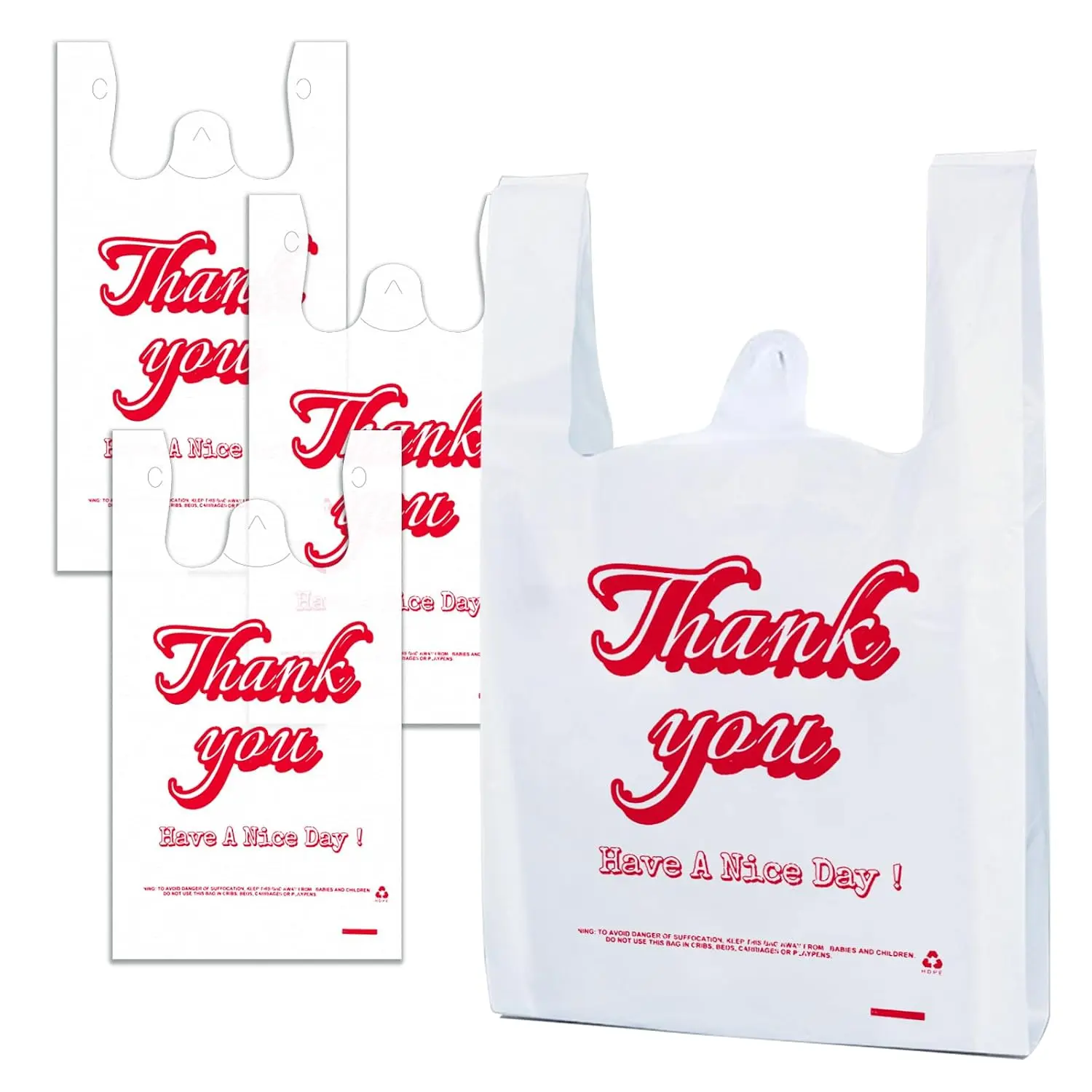 Plastic Bags 100 Count White - Grocery, Thank You Shopping Bag with handles, Restaurants, Convenience Store, Small business (11.5" x 6.5" x 21")