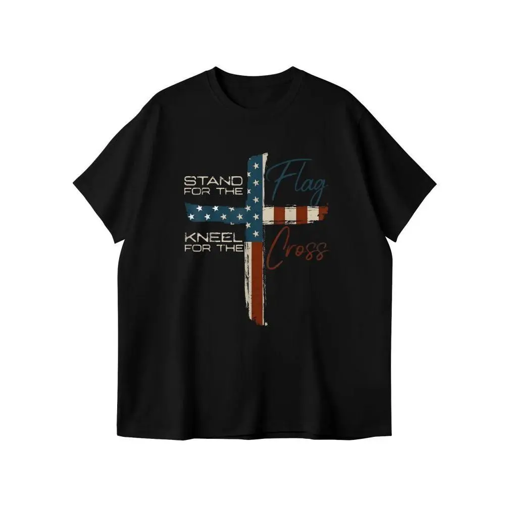 Men's USA Flag Cross Graphic Print T-Shirt | Retro Faith-Based Fashion with Vintage Grit in Soft 100% Cotton Fabric, Round Neck